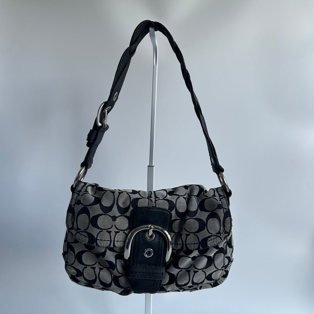 Coach Soho Signature Flap Black Grey Canvas Leather Shoulder Bag F11862 Good