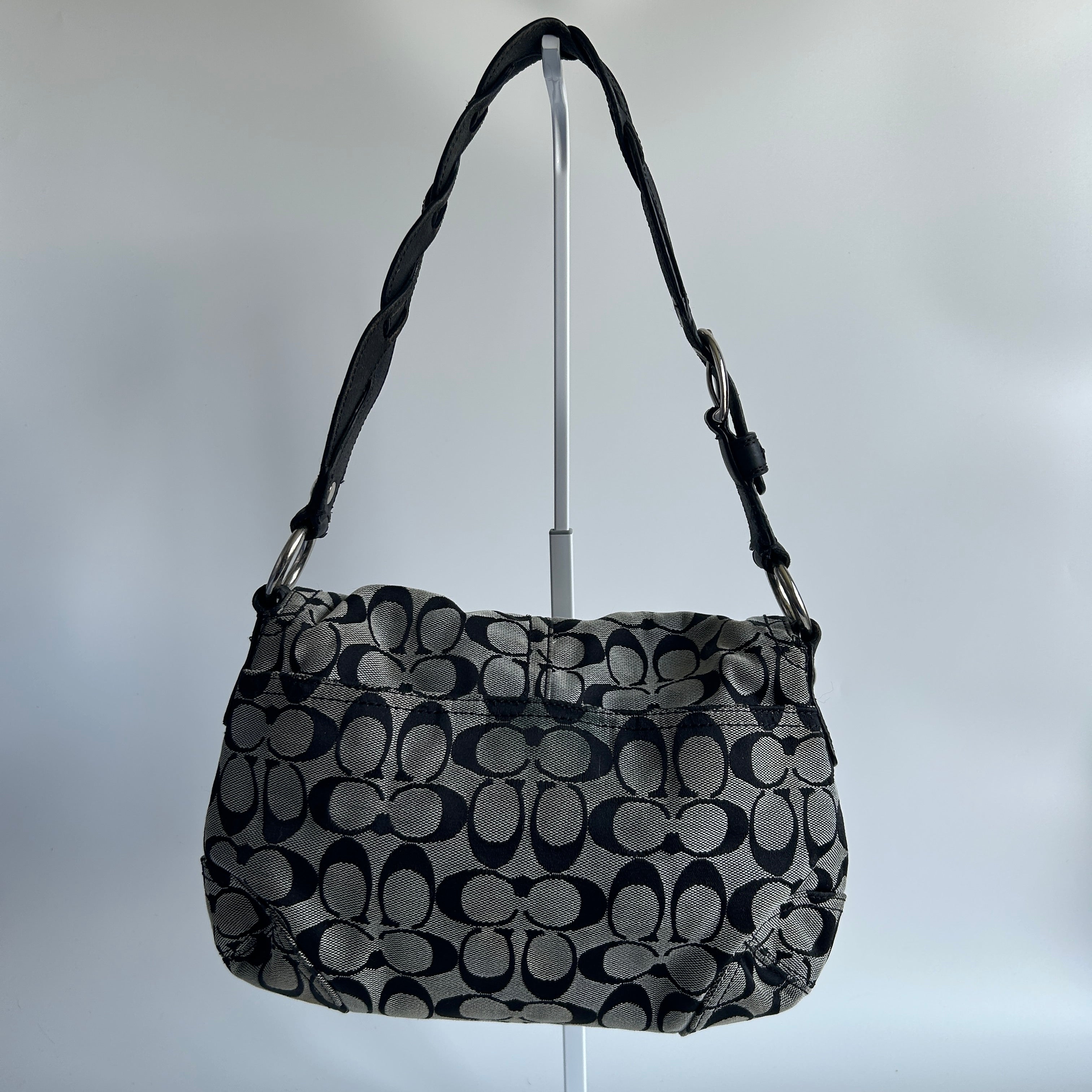 Coach Soho Signature Flap Black Grey Canvas Leather Shoulder Bag F11862 Good