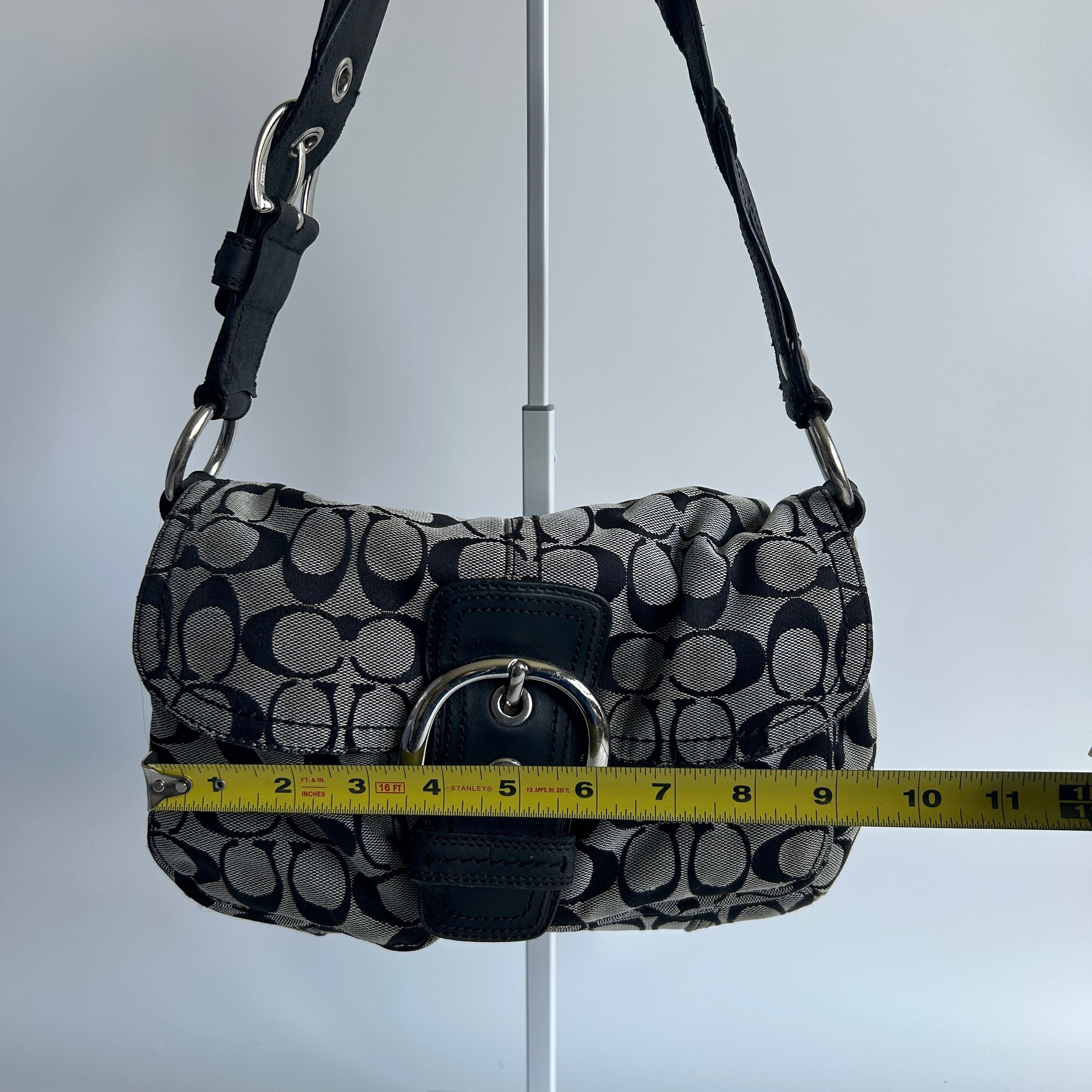 Coach Soho Signature Flap Black Grey Canvas Leather Shoulder Bag F11862 Good