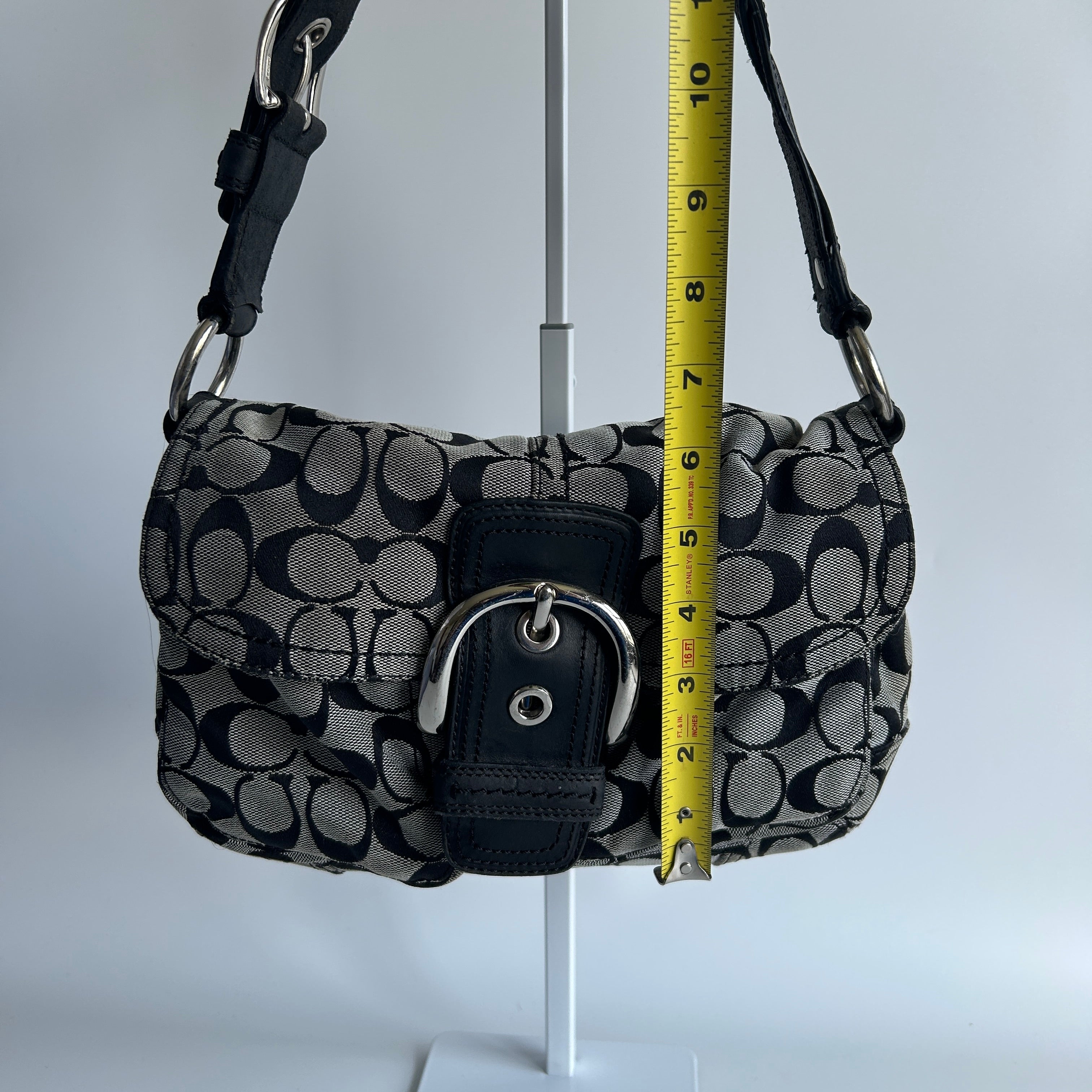 Coach Soho Signature Flap Black Grey Canvas Leather Shoulder Bag F11862 Good