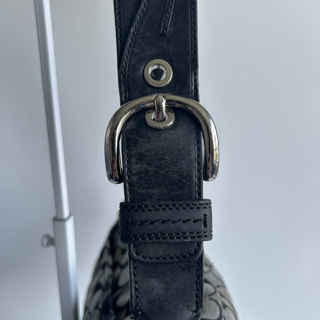 Coach Soho Signature Flap Black Grey Canvas Leather Shoulder Bag F11862 Good