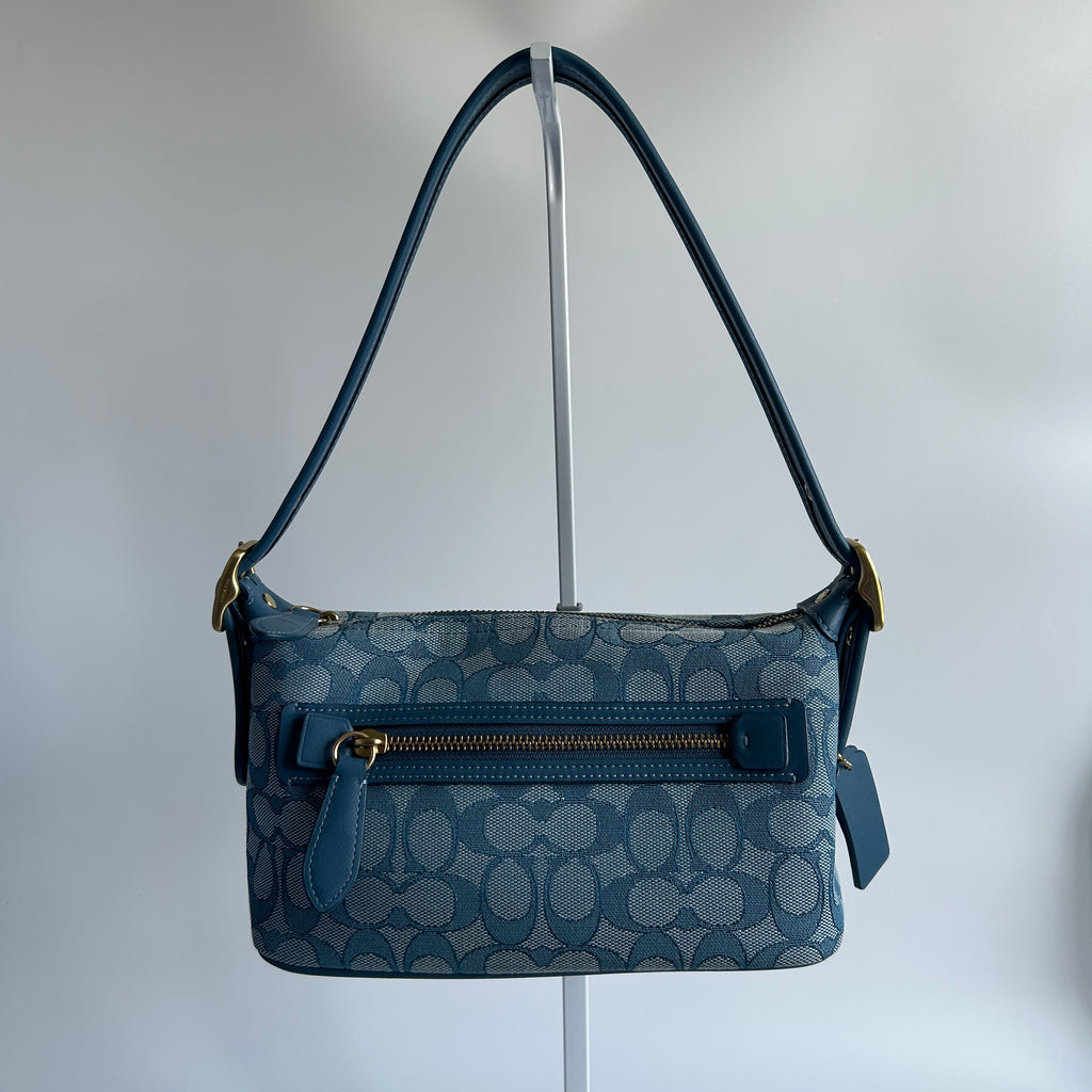 Coach Demi Bag Blue Signature Jacquard Leather Shoulder Bag CE736 Excellent