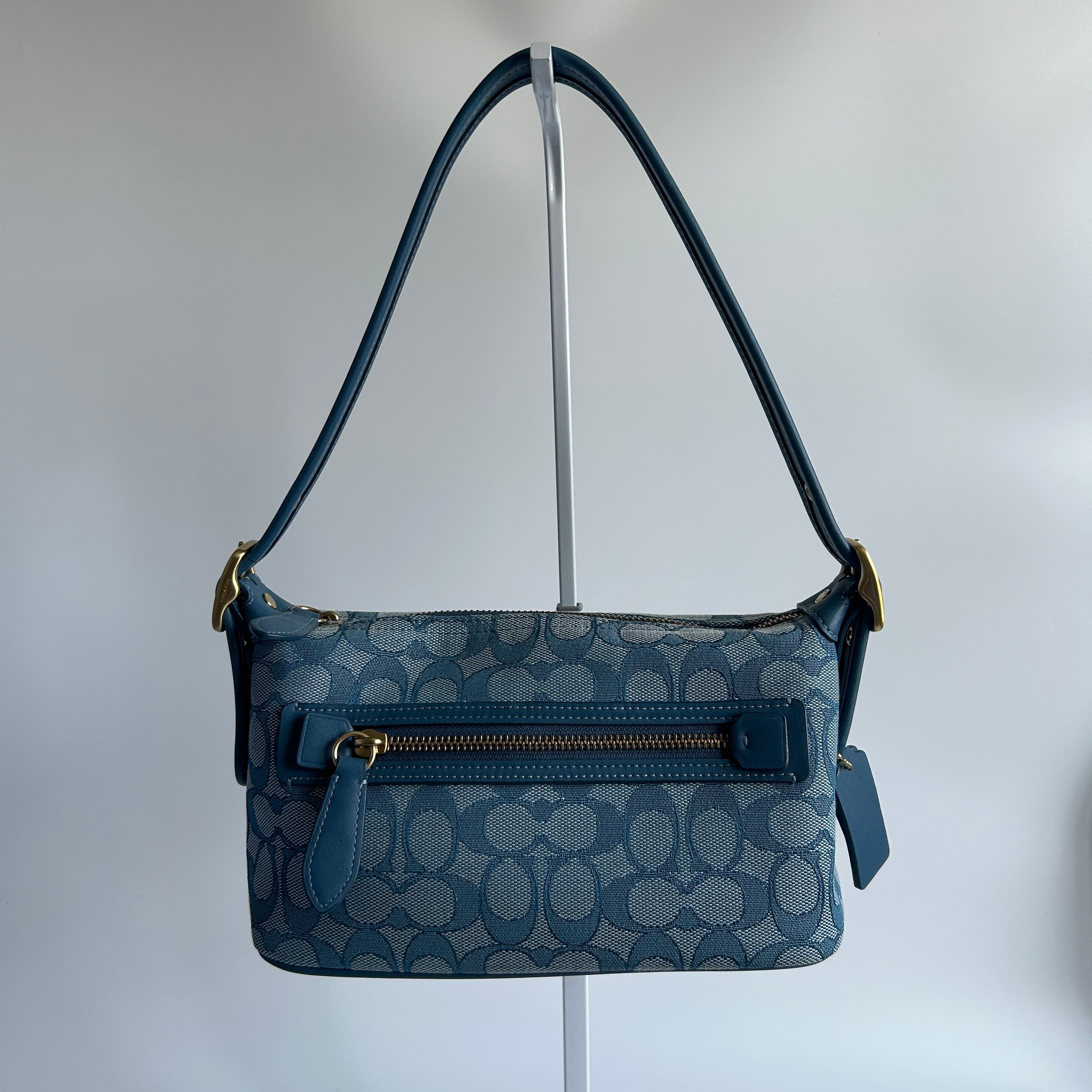 Coach Demi Bag Blue Signature Jacquard Leather Shoulder Bag CE736 Excellent