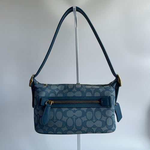 Coach Demi Bag Blue Signature Jacquard Leather Shoulder Bag CE736 Excellent