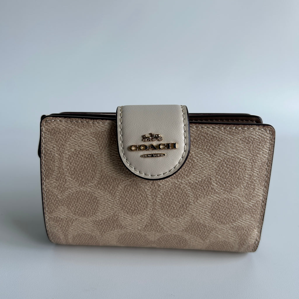 Coach Medium Corner Zip Wallet Khaki Chalk Canvas Leather Excellent