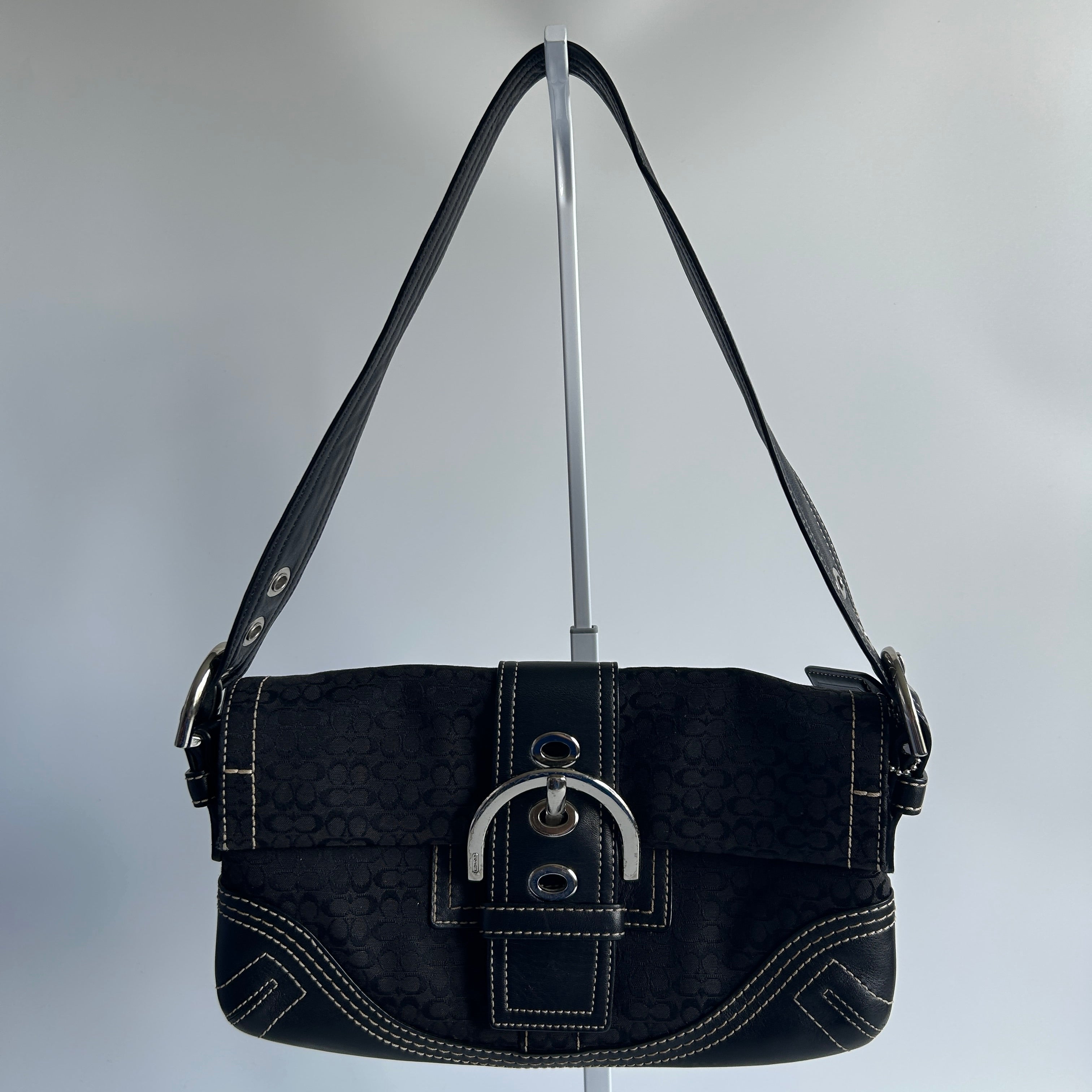Coach Soho Flap Baguette Black Signature Jacquard Leather Shoulder Bag Excellent