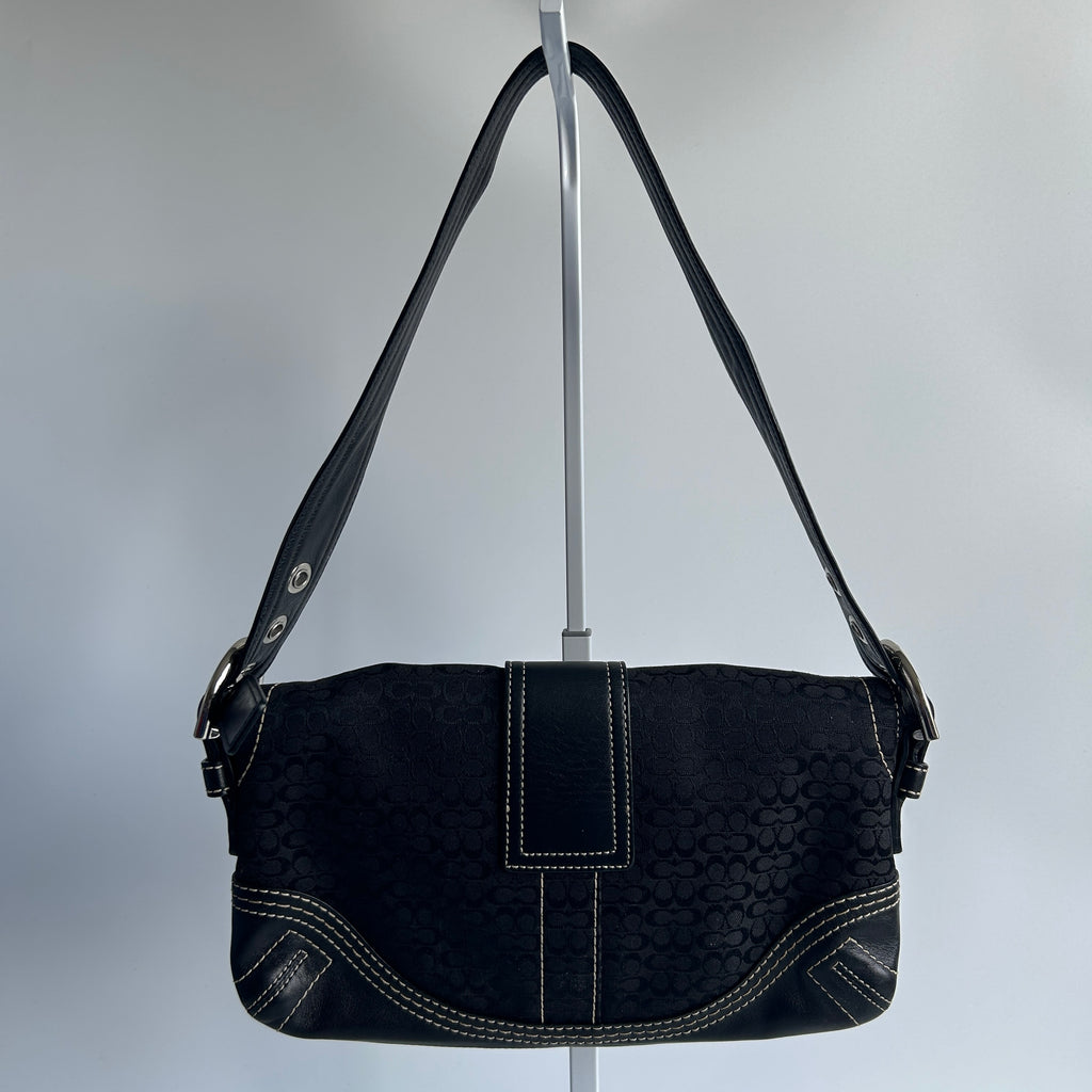 Coach Soho Flap Baguette Black Signature Jacquard Leather Shoulder Bag Excellent