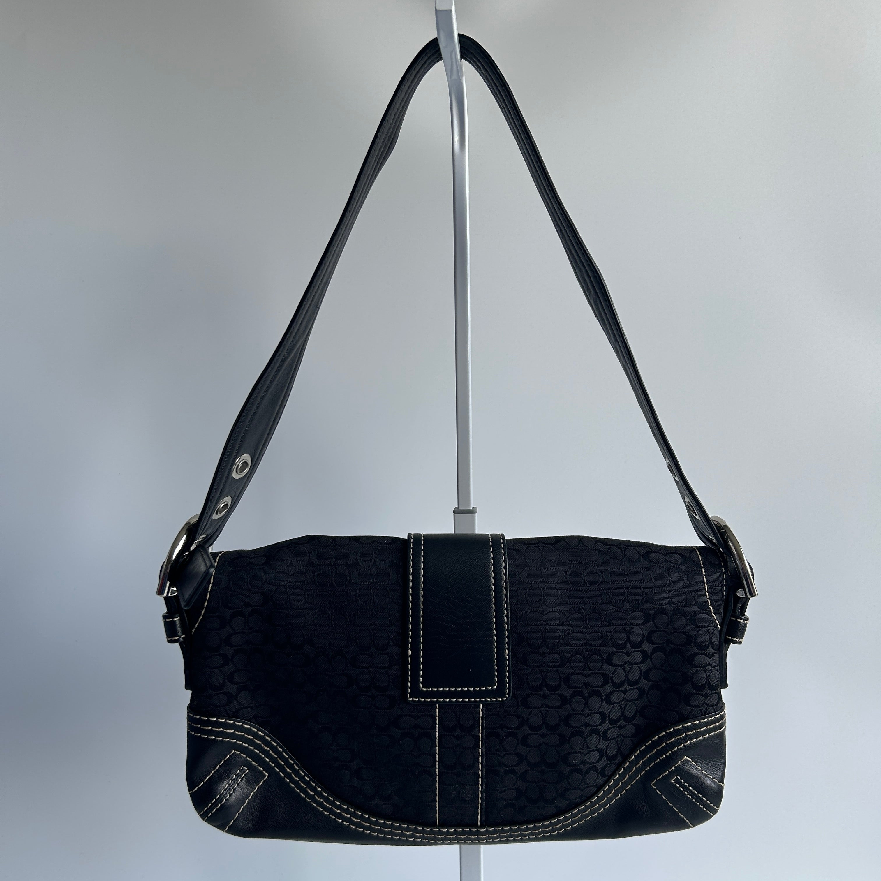 Coach Soho Flap Baguette Black Signature Jacquard Leather Shoulder Bag Excellent