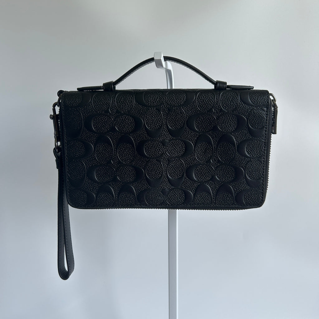 Coach Double Zip Travel Organizer Black Embossed Leather Wallet Excellent