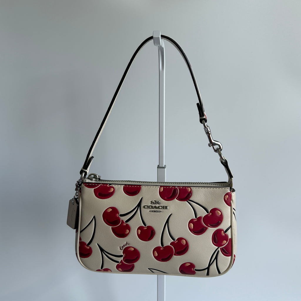 Coach Nolita 19 Cherry Print Chalk White Pebbled Leather Bag Excellent