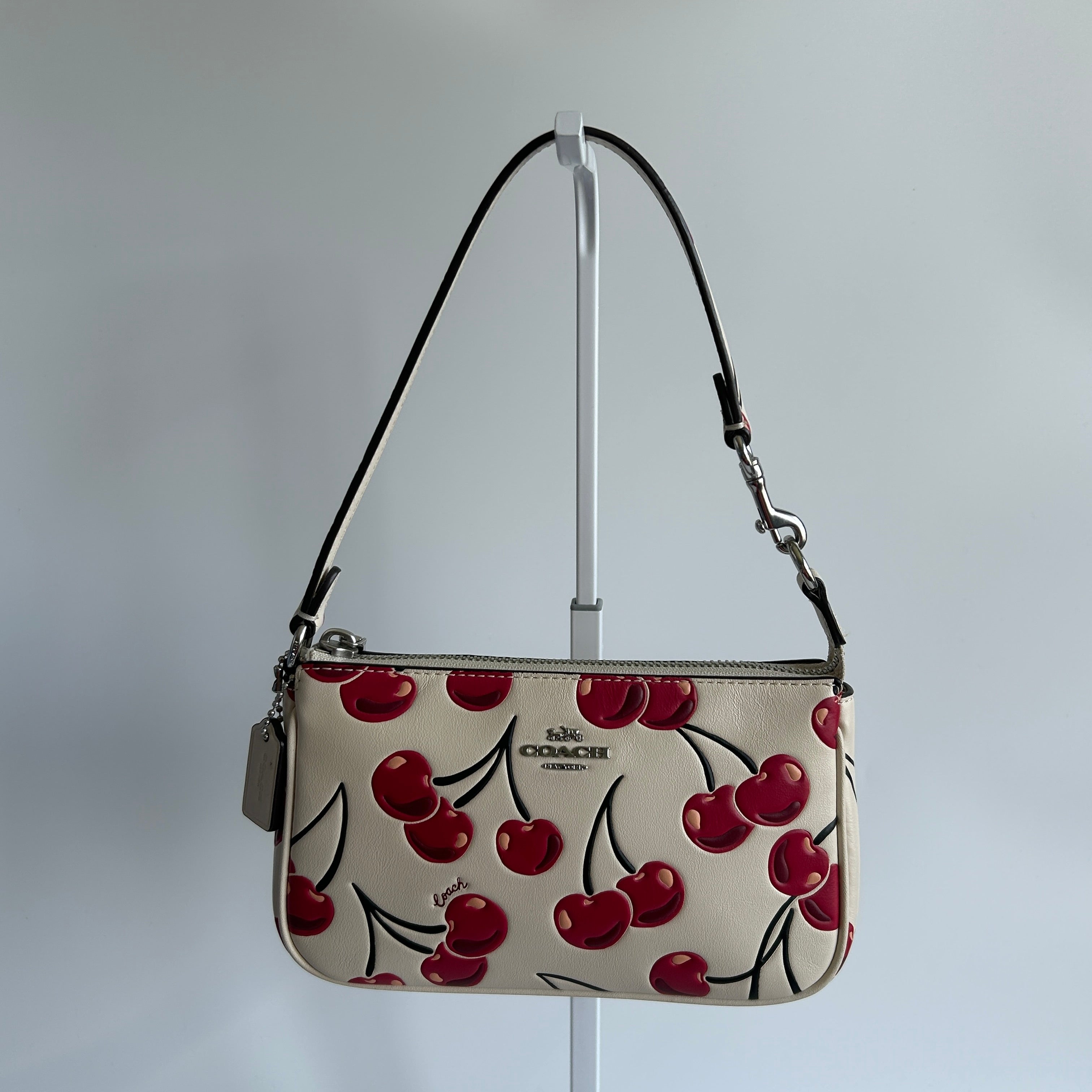 Coach Nolita 19 Cherry Print Chalk White Pebbled Leather Bag Excellent