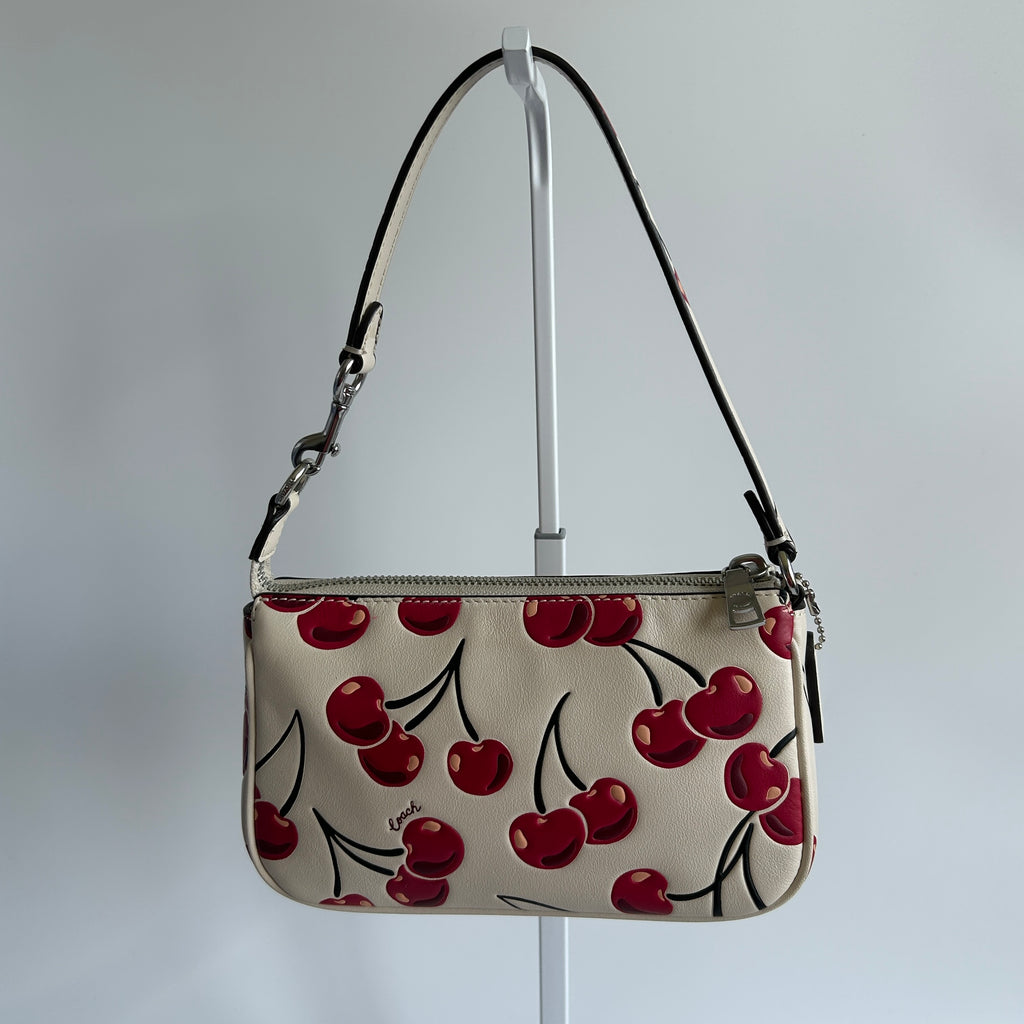Coach Nolita 19 Cherry Print Chalk White Pebbled Leather Bag Excellent