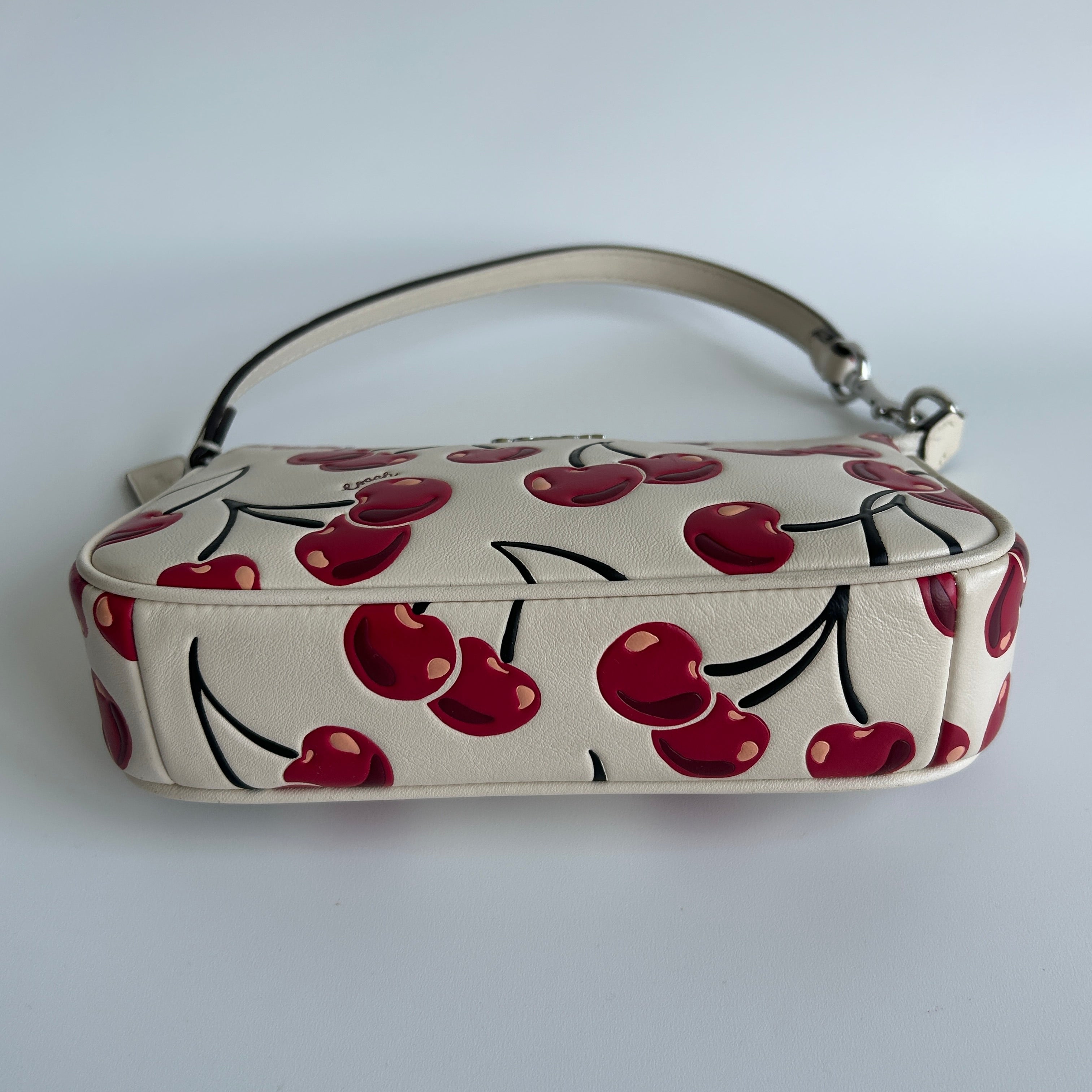 Coach Nolita 19 Cherry Print Chalk White Pebbled Leather Bag Excellent