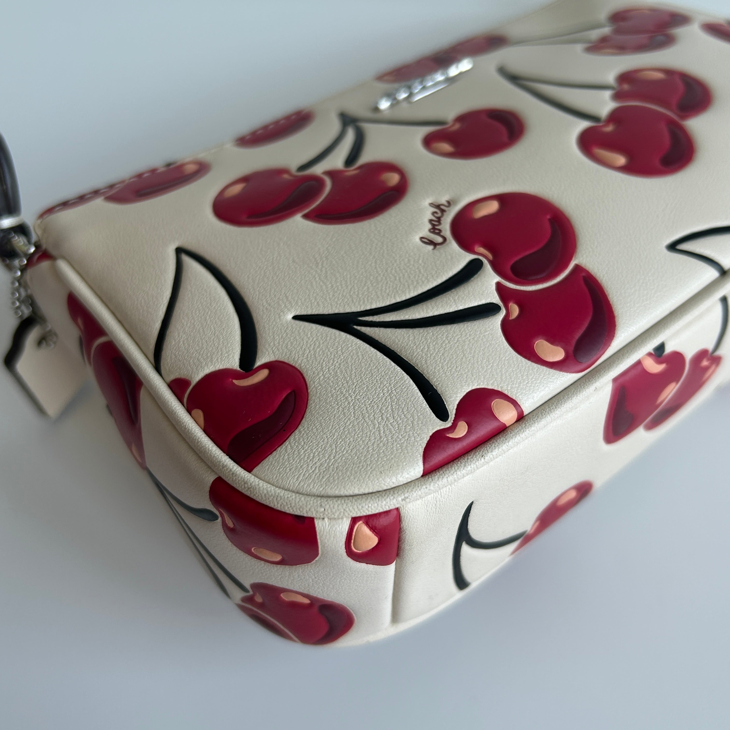 Coach Nolita 19 Cherry Print Chalk White Pebbled Leather Bag Excellent