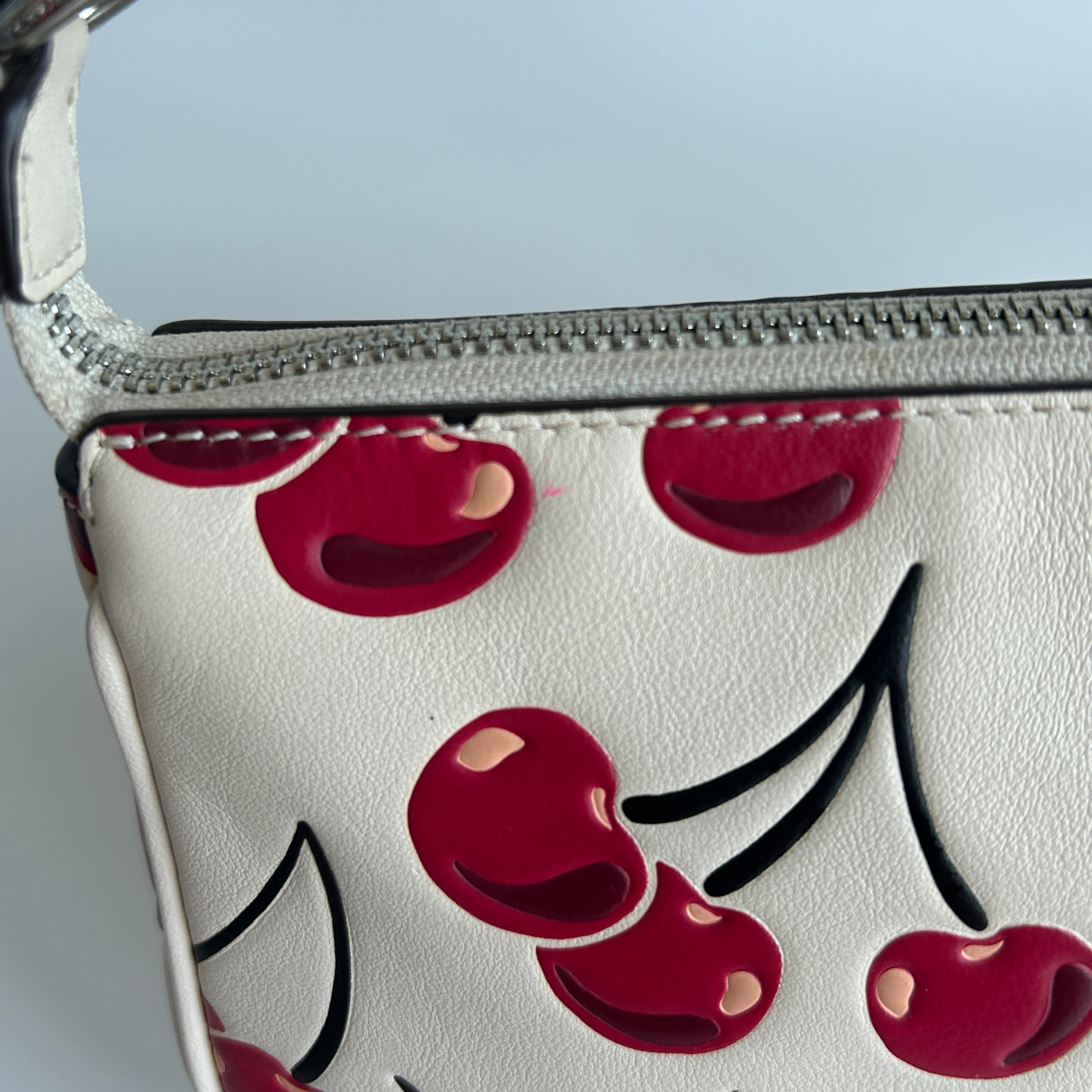 Coach Nolita 19 Cherry Print Chalk White Pebbled Leather Bag Excellent