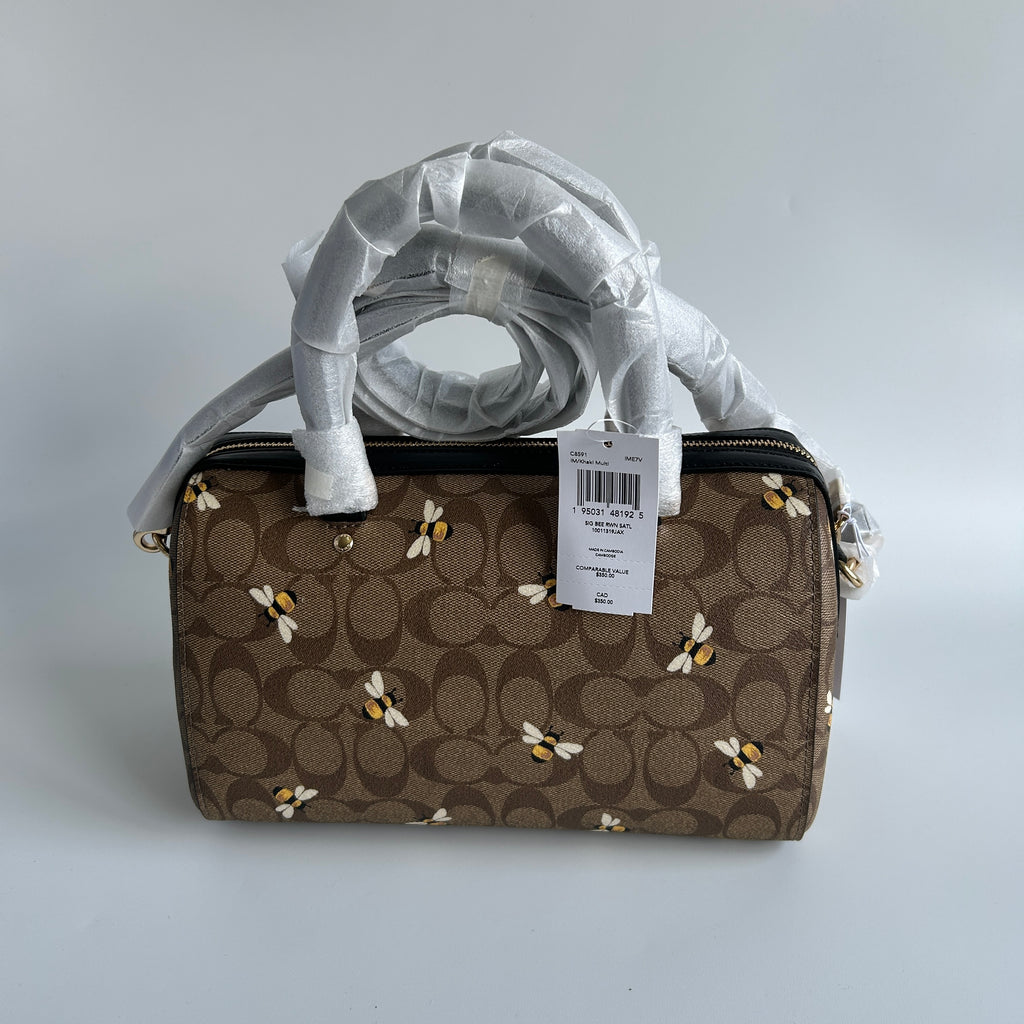 Coach Rowan Satchel Brown Bee Print Signature Canvas Leather Handbag NEW