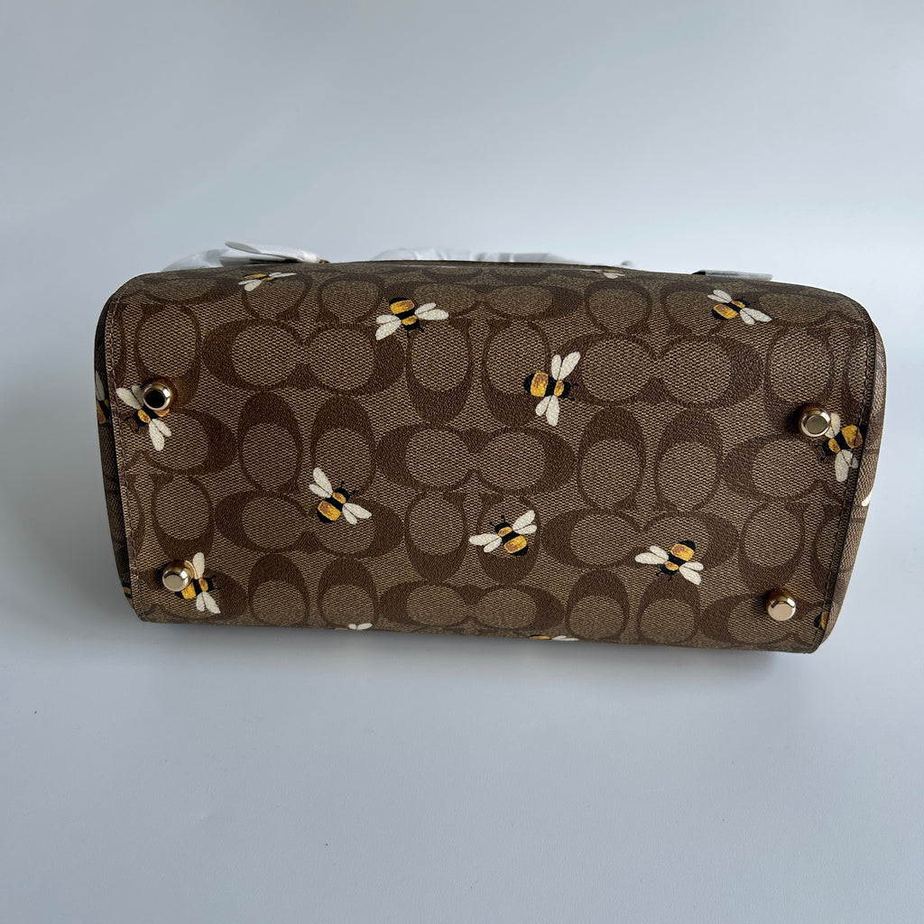 Coach Rowan Satchel Brown Bee Print Signature Canvas Leather Handbag NEW