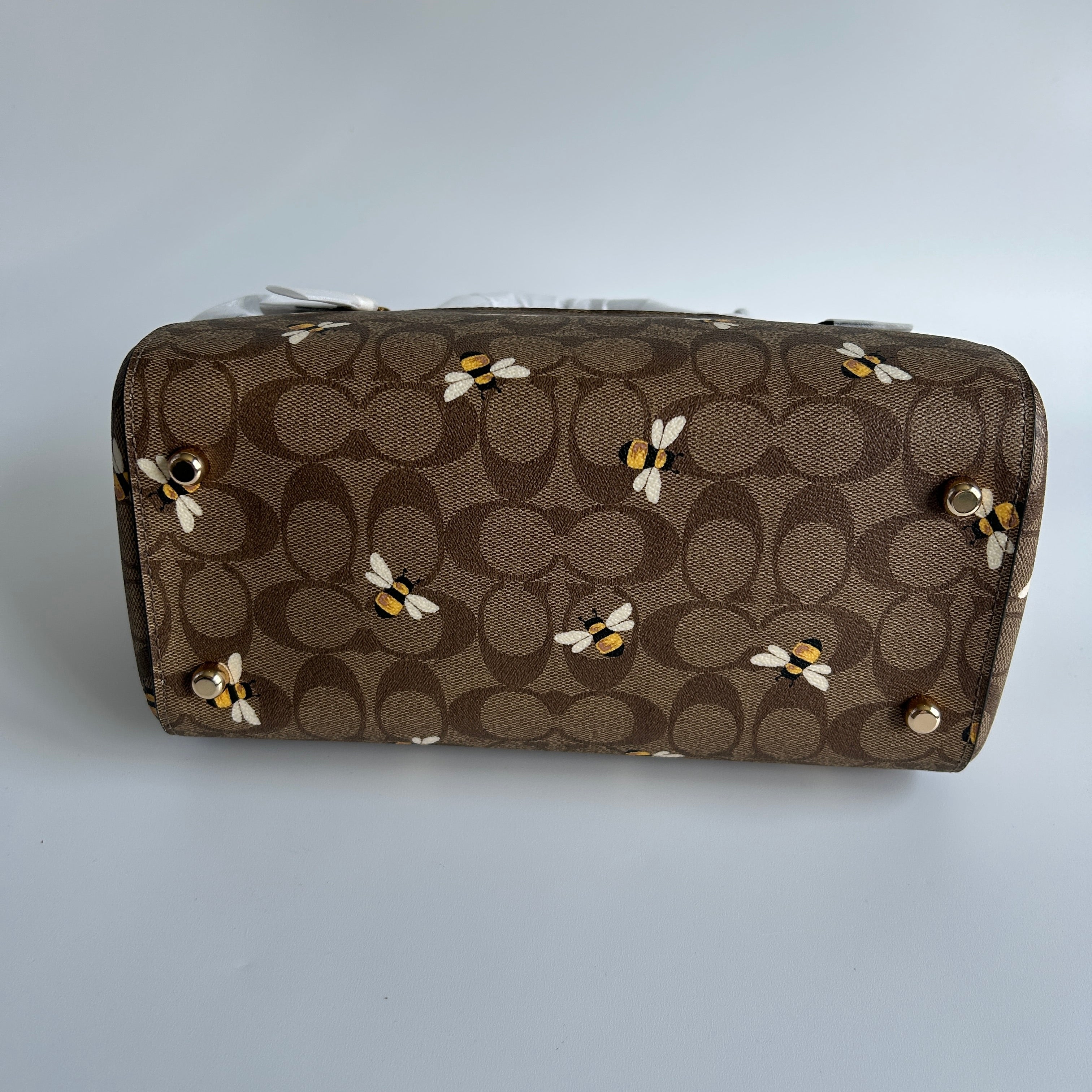 Coach Rowan Satchel Brown Bee Print Signature Canvas Leather Handbag NEW