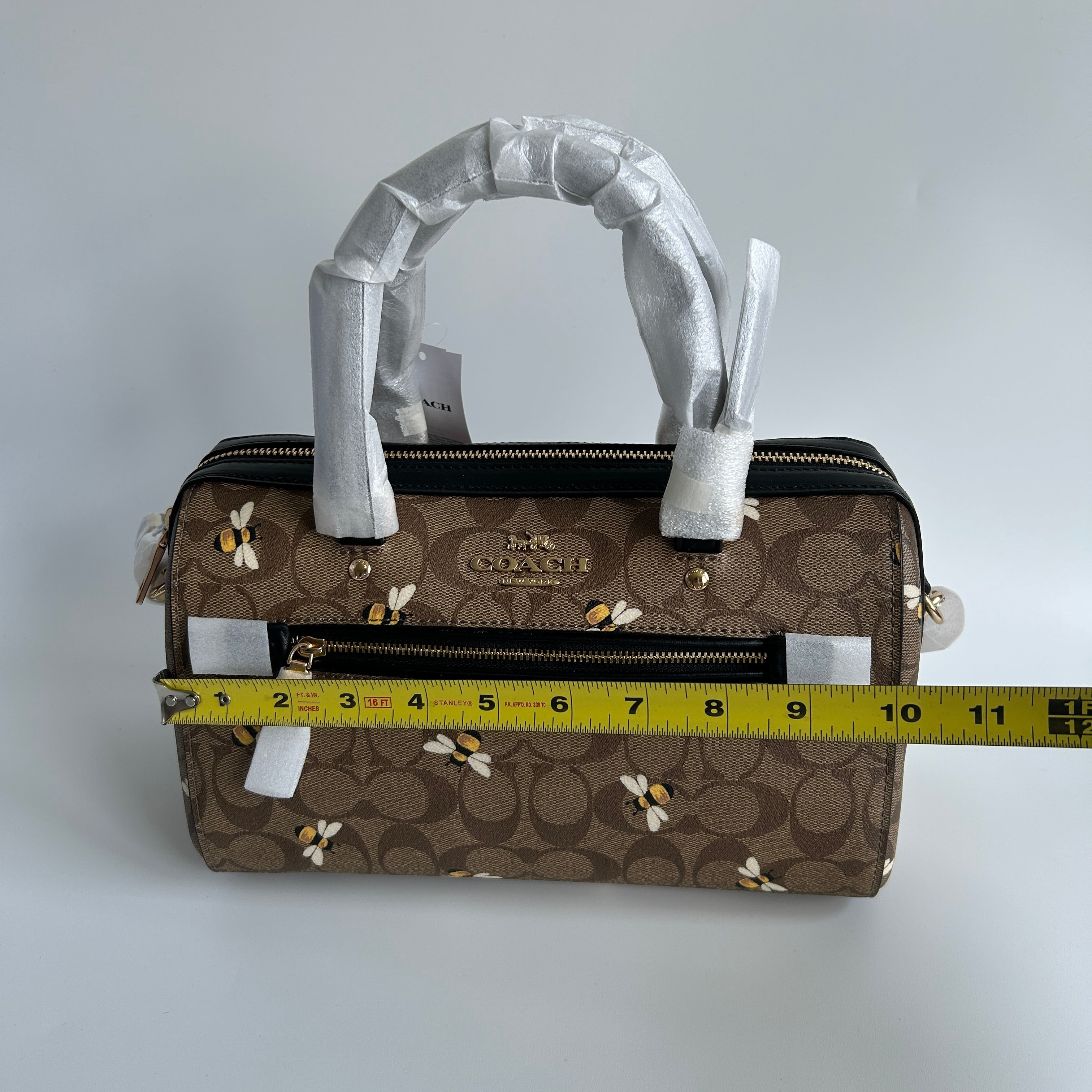 Coach Rowan Satchel Brown Bee Print Signature Canvas Leather Handbag NEW