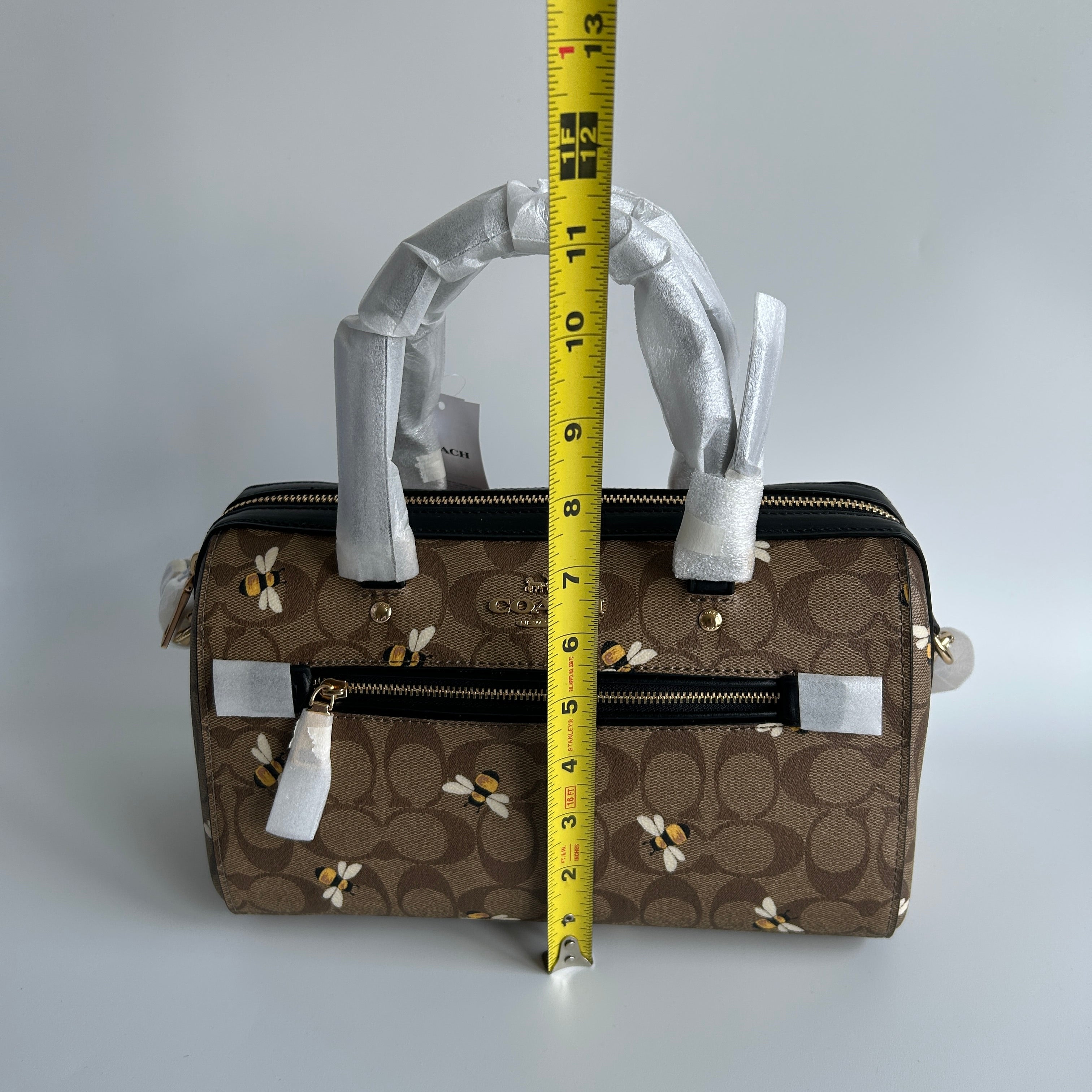 Coach Rowan Satchel Brown Bee Print Signature Canvas Leather Handbag NEW