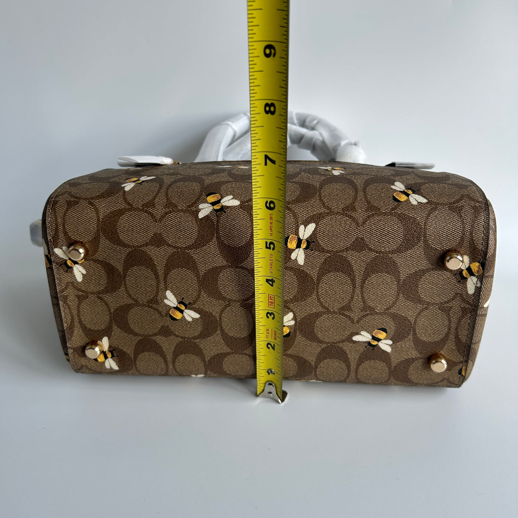 Coach Rowan Satchel Brown Bee Print Signature Canvas Leather Handbag NEW