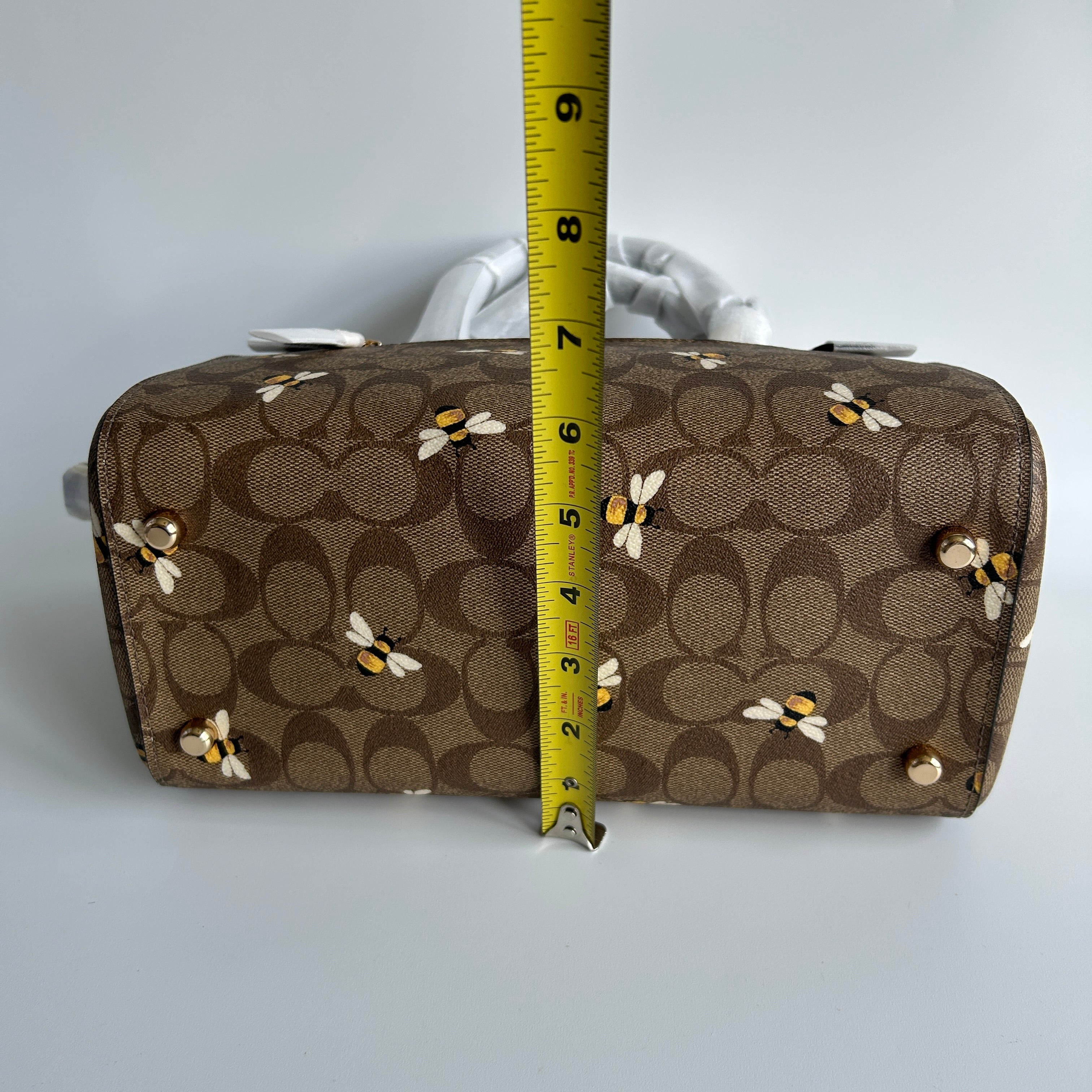 Coach Rowan Satchel Brown Bee Print Signature Canvas Leather Handbag NEW