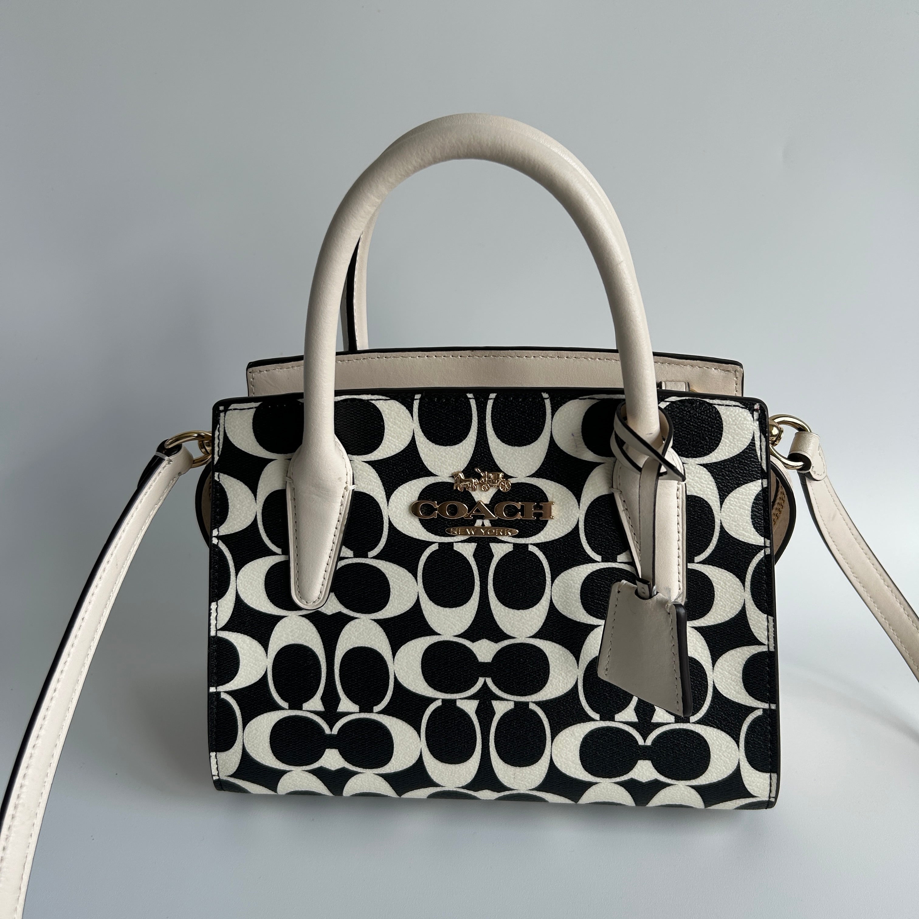 Coach Andrea Carryall Black White Signature Canvas Leather Bag CP080 Good