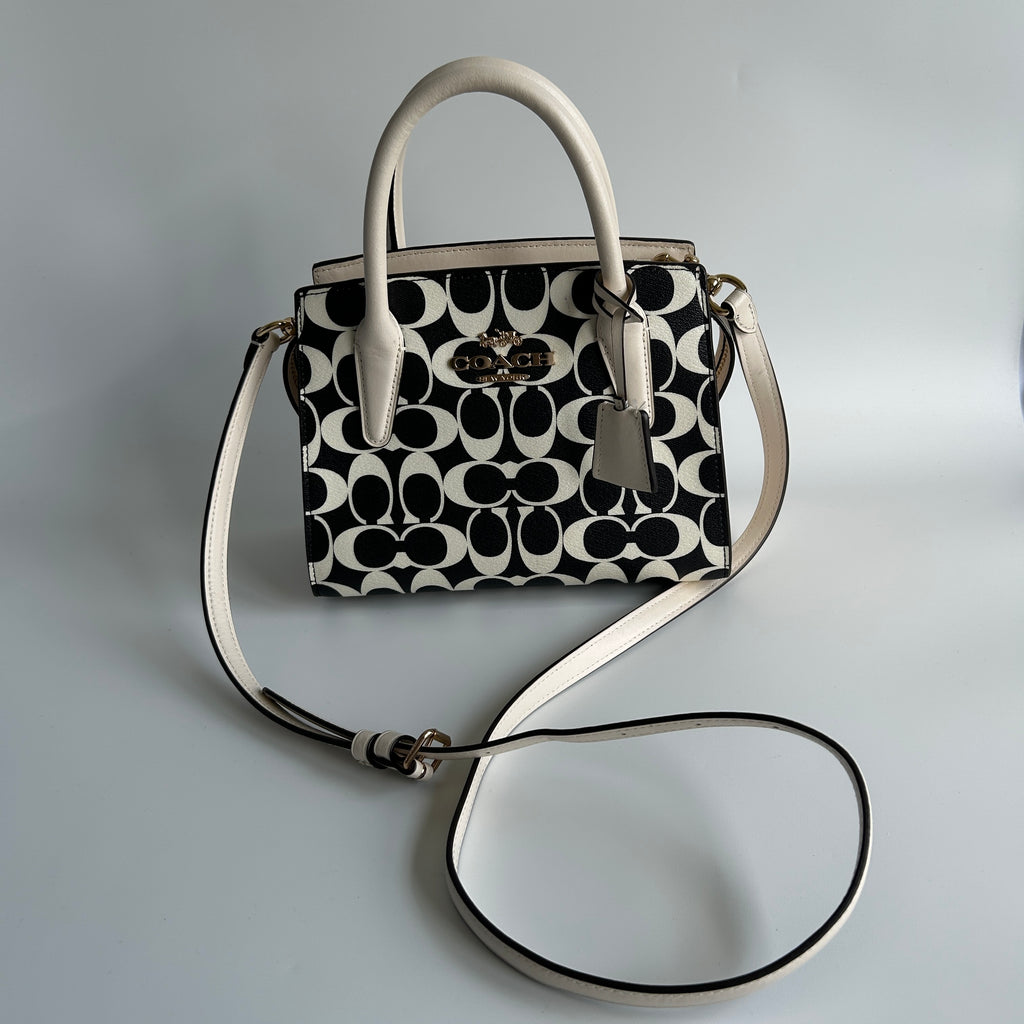 Coach Andrea Carryall Black White Signature Canvas Leather Bag CP080 Good