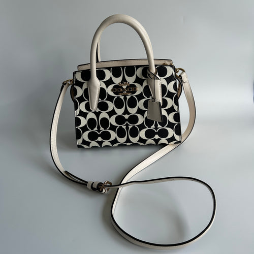 Coach Andrea Carryall Black White Signature Canvas Leather Bag CP080 Good