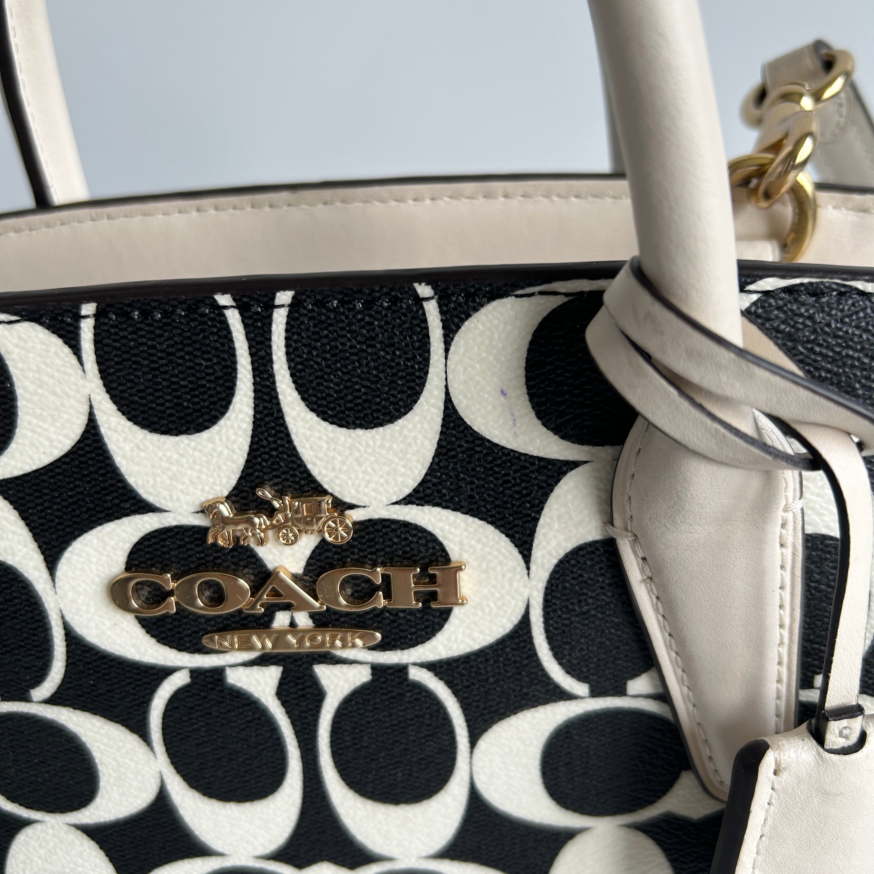 Coach Andrea Carryall Black White Signature Canvas Leather Bag CP080 Good