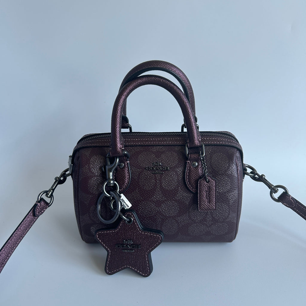 Coach Mini Rowan Metallic Plum Signature Leather Crossbody Bag Good