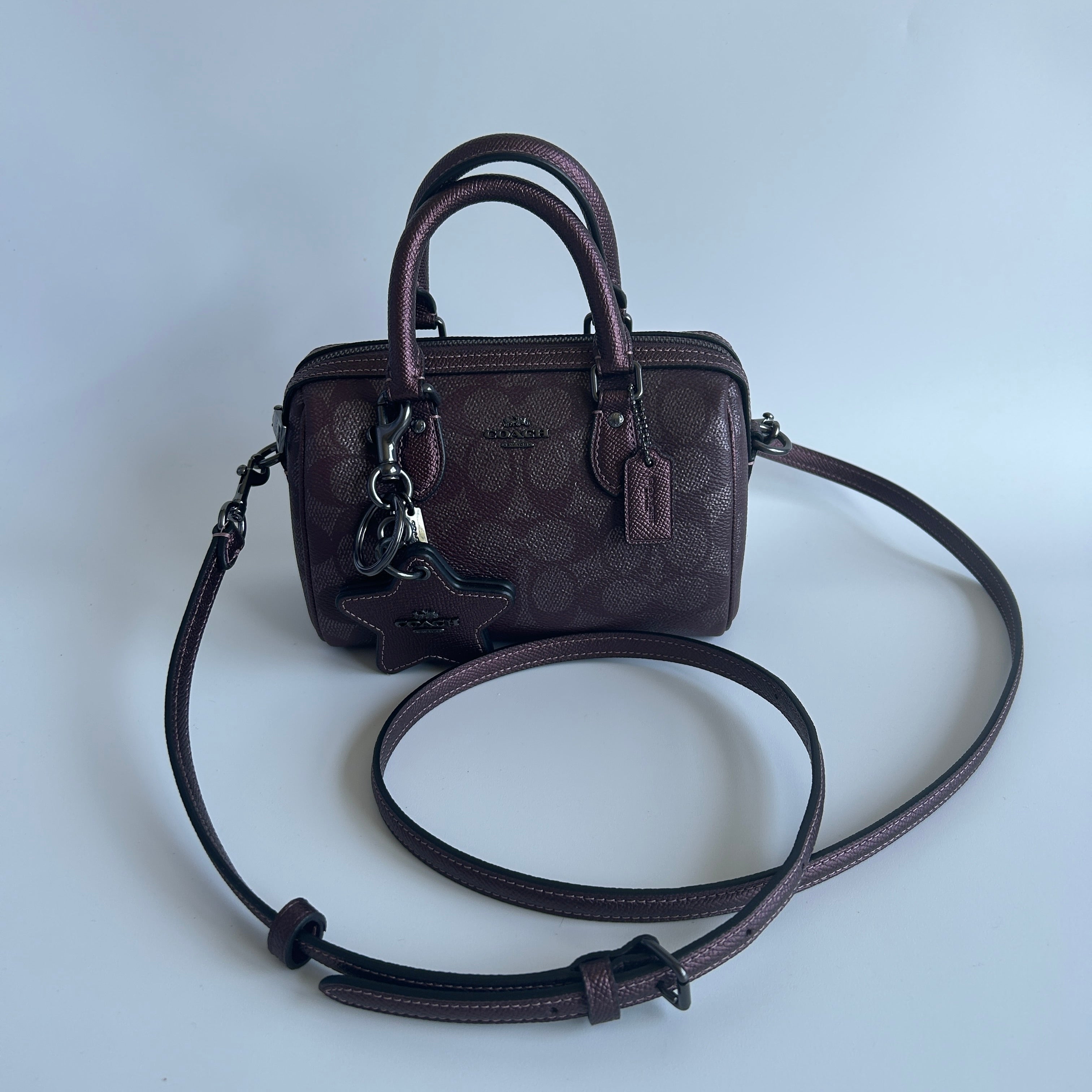 Coach Mini Rowan Metallic Plum Signature Leather Crossbody Bag Good
