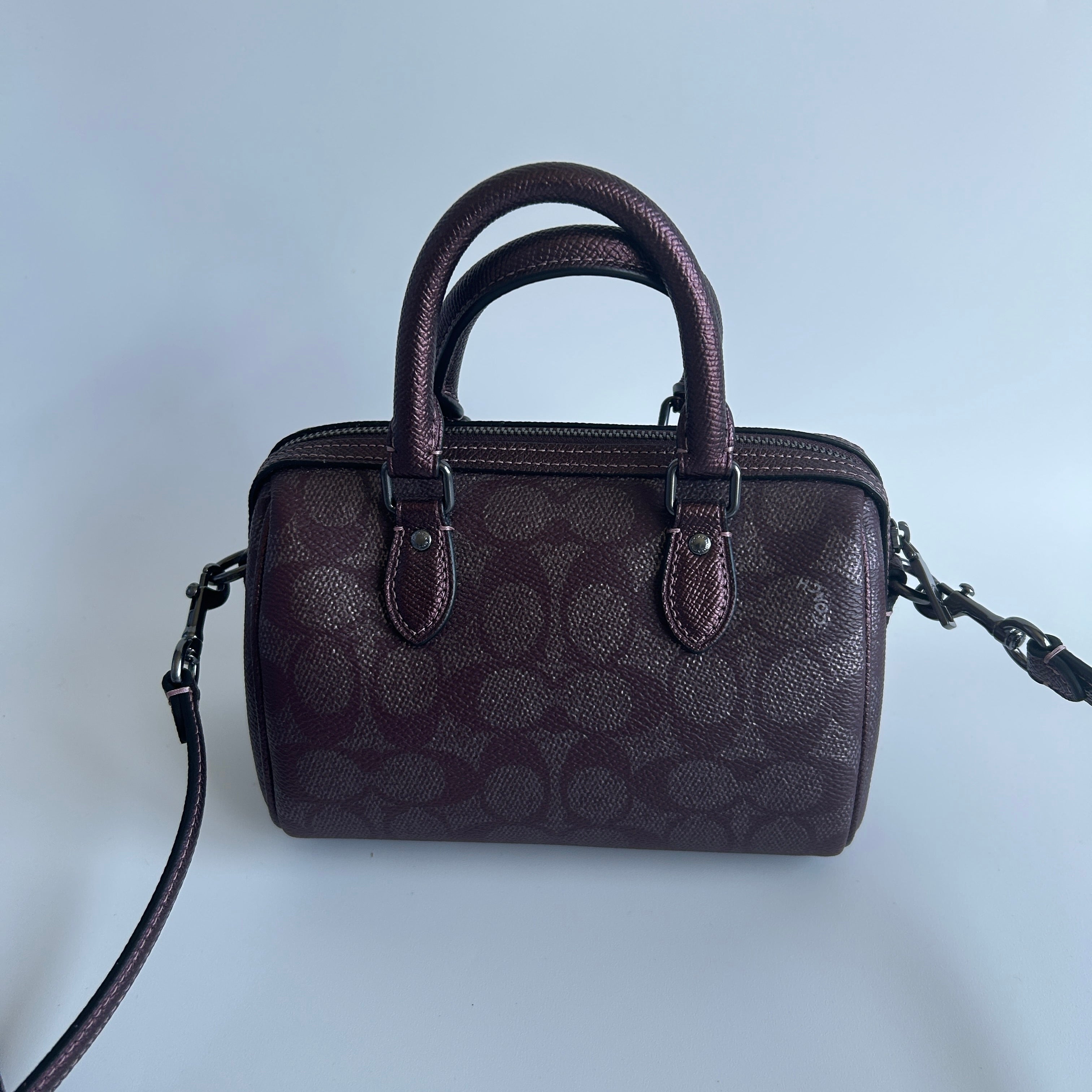 Coach Mini Rowan Metallic Plum Signature Leather Crossbody Bag Good
