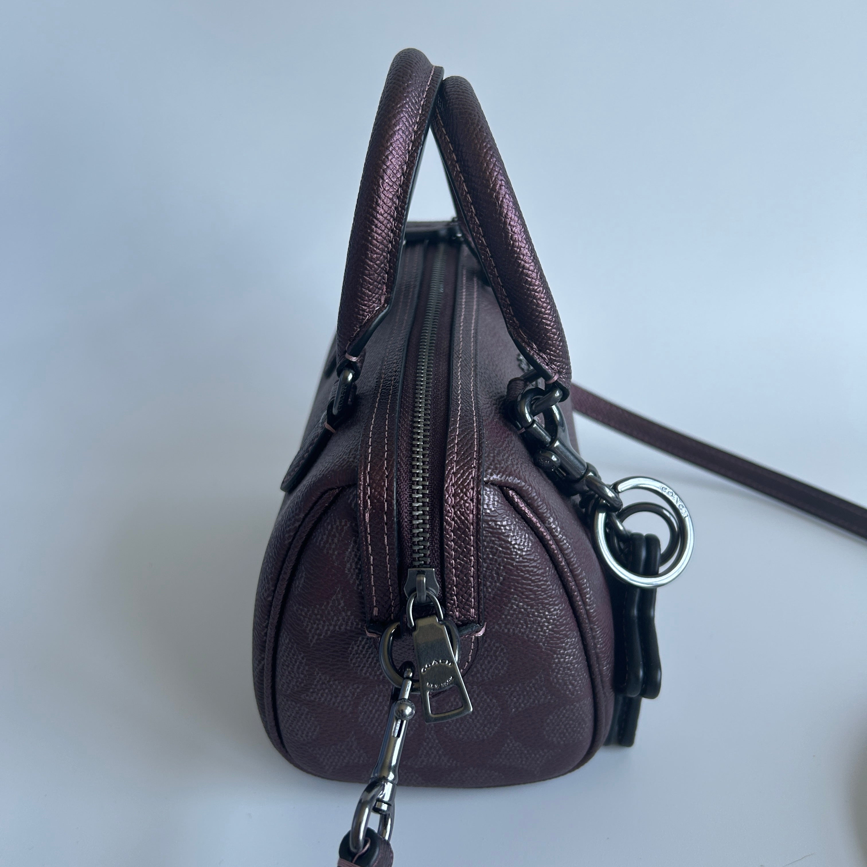 Coach Mini Rowan Metallic Plum Signature Leather Crossbody Bag Good