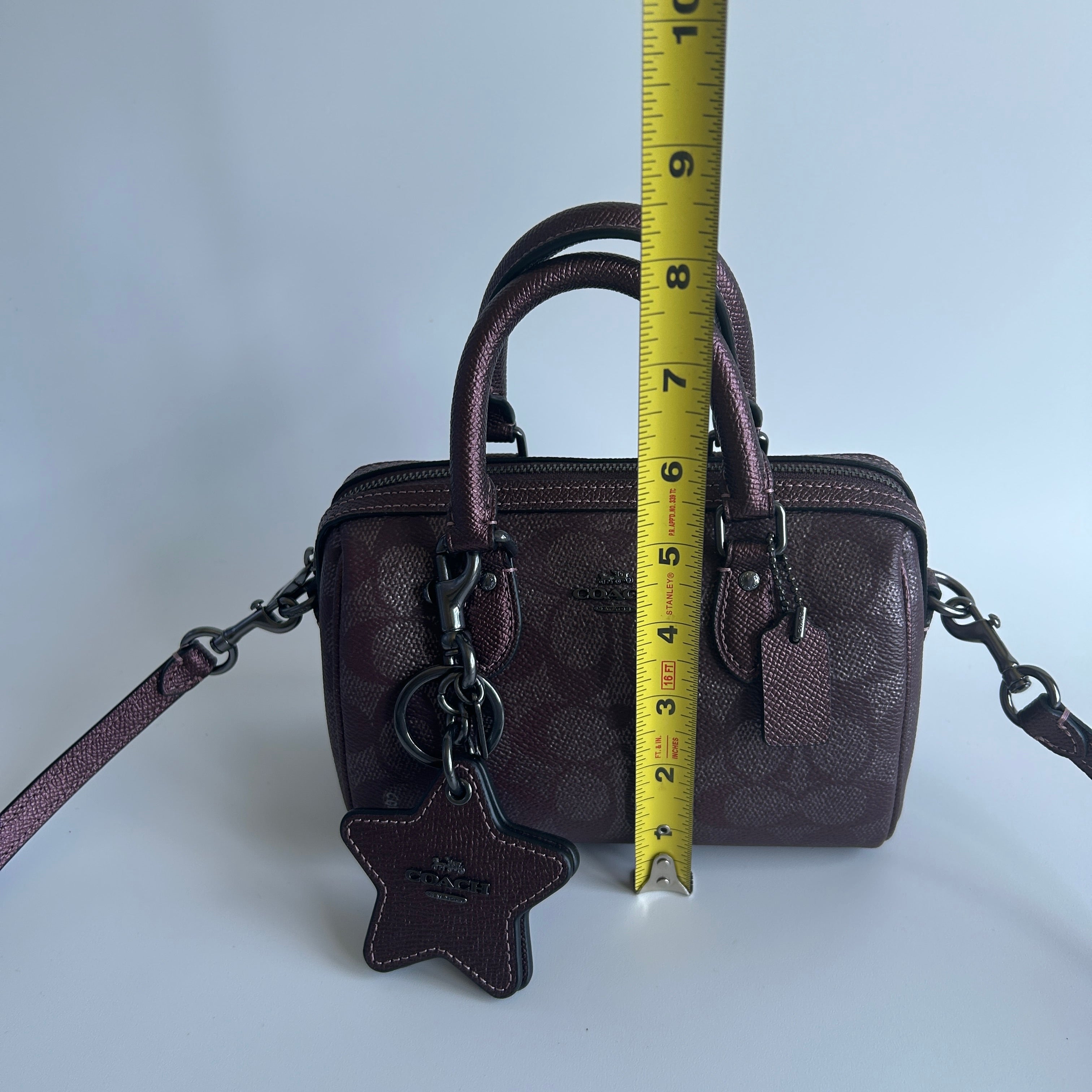 Coach Mini Rowan Metallic Plum Signature Leather Crossbody Bag Good
