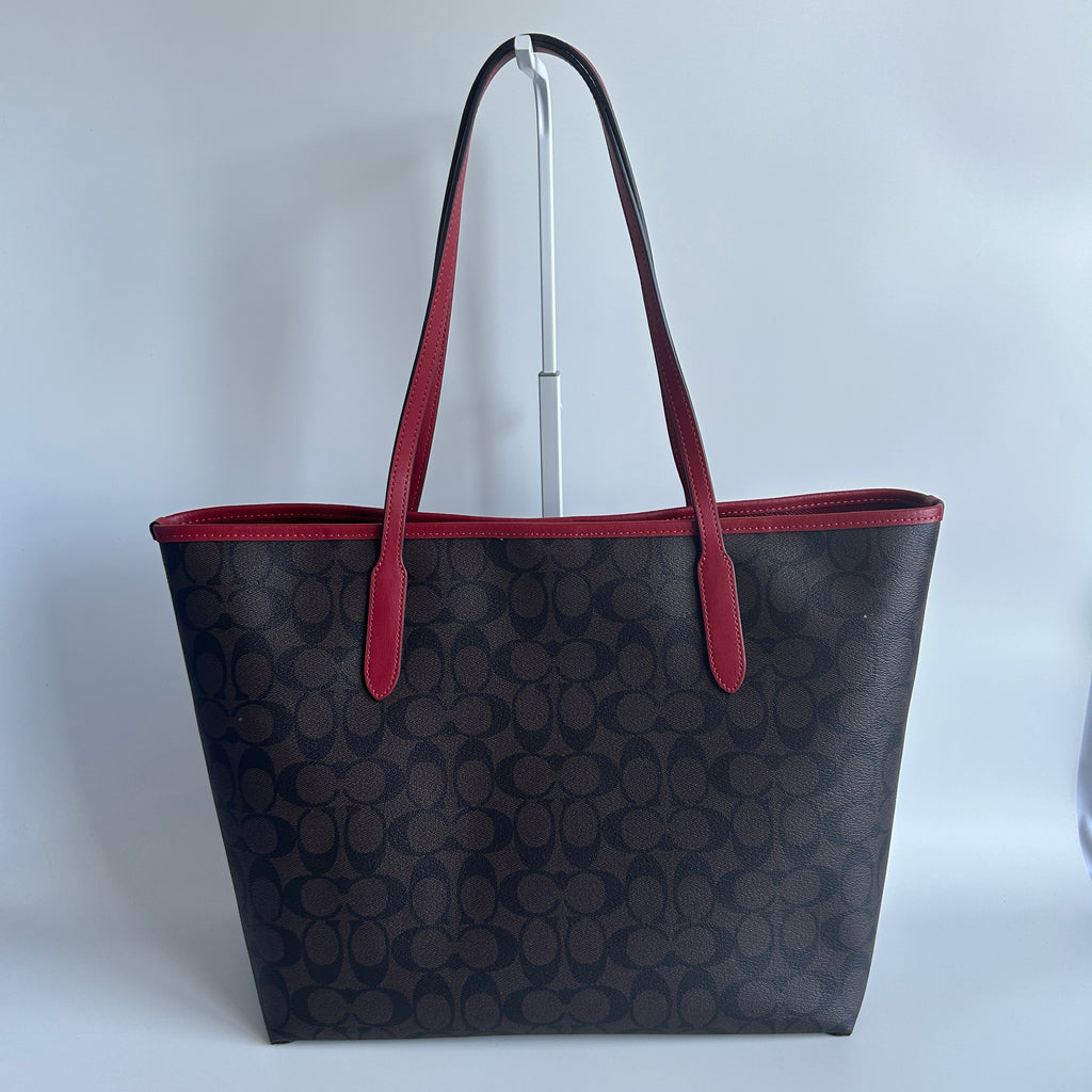 Coach City Tote Brown Red Signature Coated Canvas Shoulder Bag Good