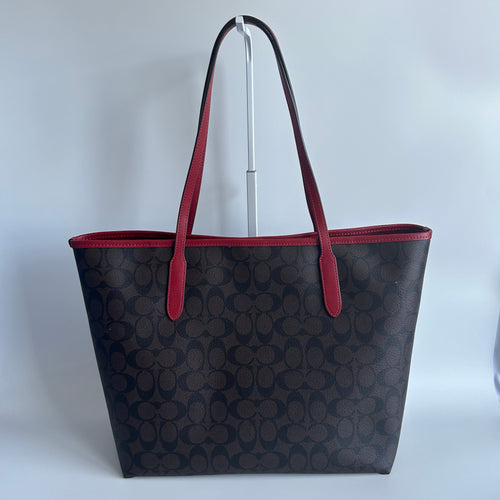 Coach City Tote Brown Red Signature Coated Canvas Shoulder Bag Good