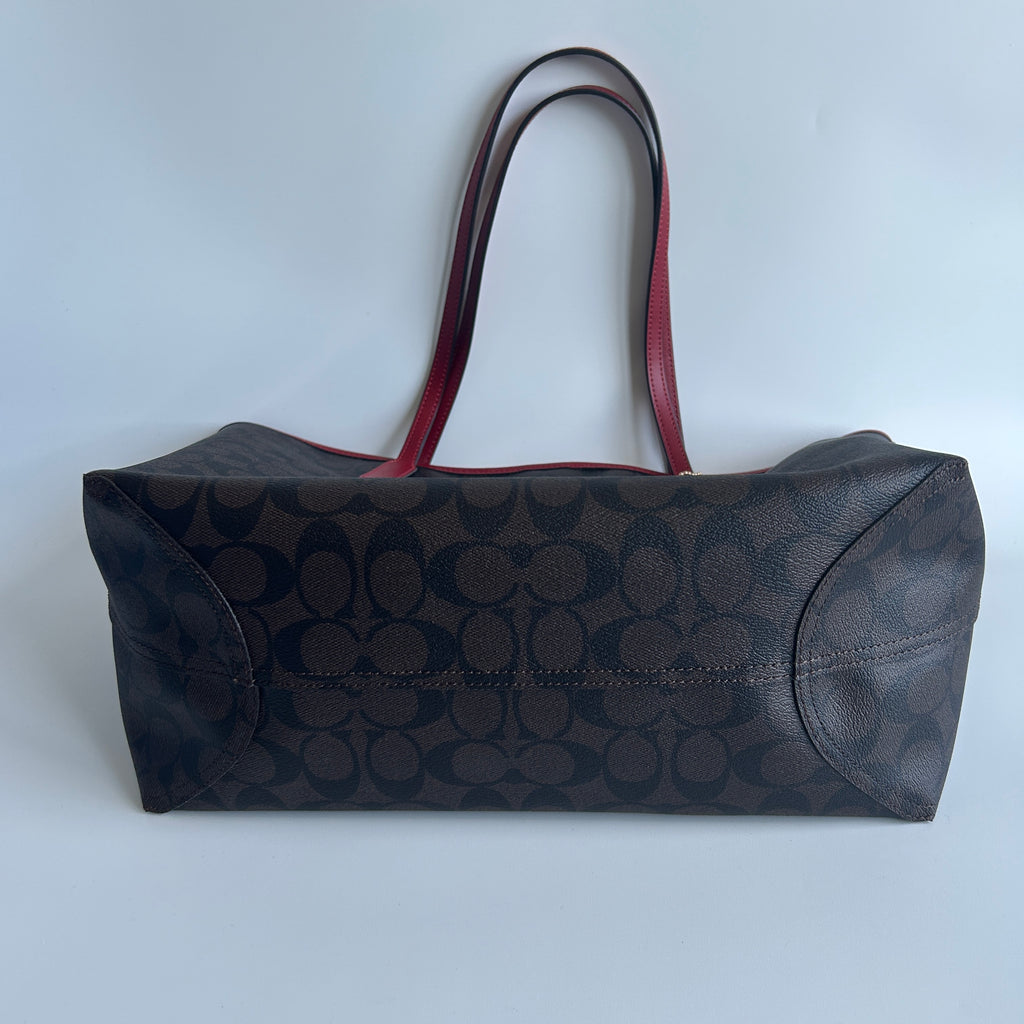 Coach City Tote Brown Red Signature Coated Canvas Shoulder Bag Good