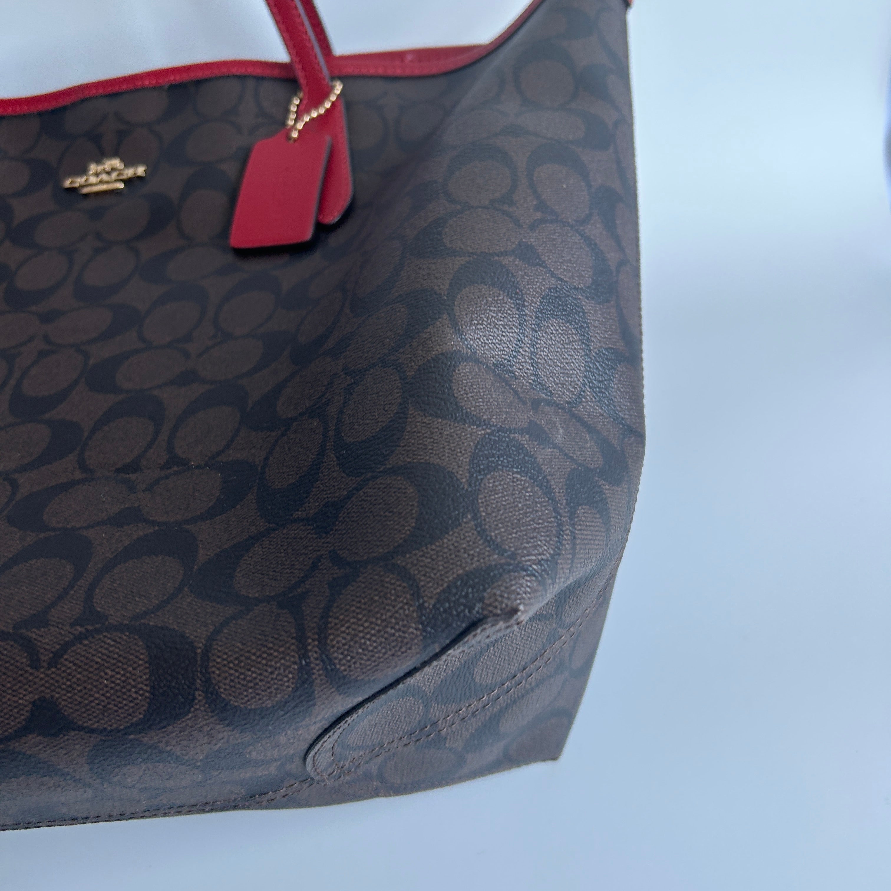 Coach City Tote Brown Red Signature Coated Canvas Shoulder Bag Good