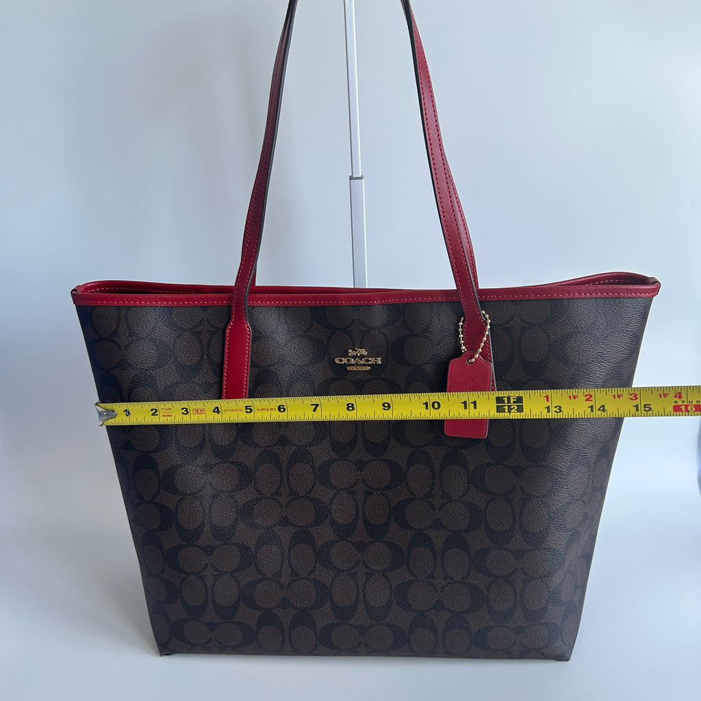 Coach City Tote Brown Red Signature Coated Canvas Shoulder Bag Good