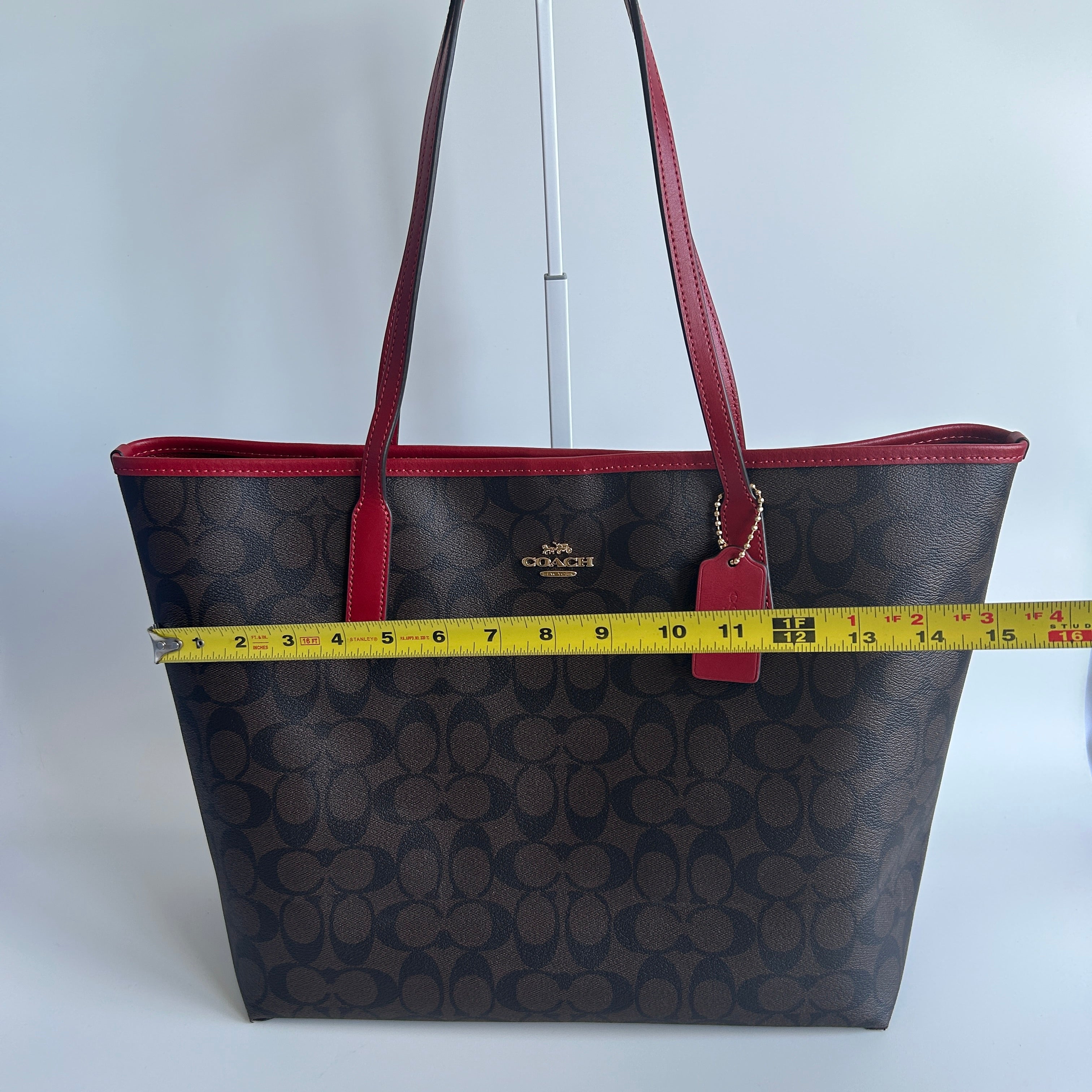 Coach City Tote Brown Red Signature Coated Canvas Shoulder Bag Good