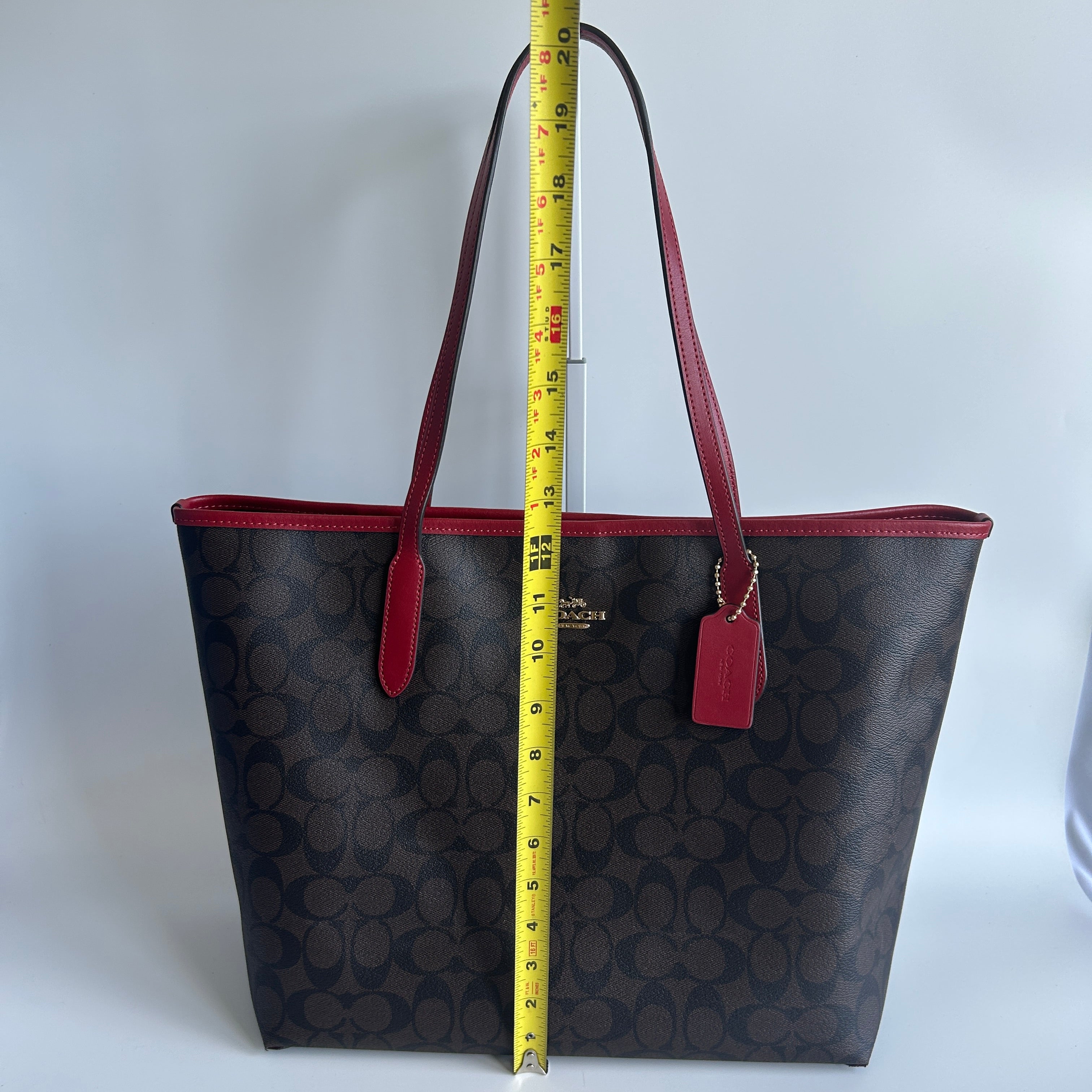 Coach City Tote Brown Red Signature Coated Canvas Shoulder Bag Good