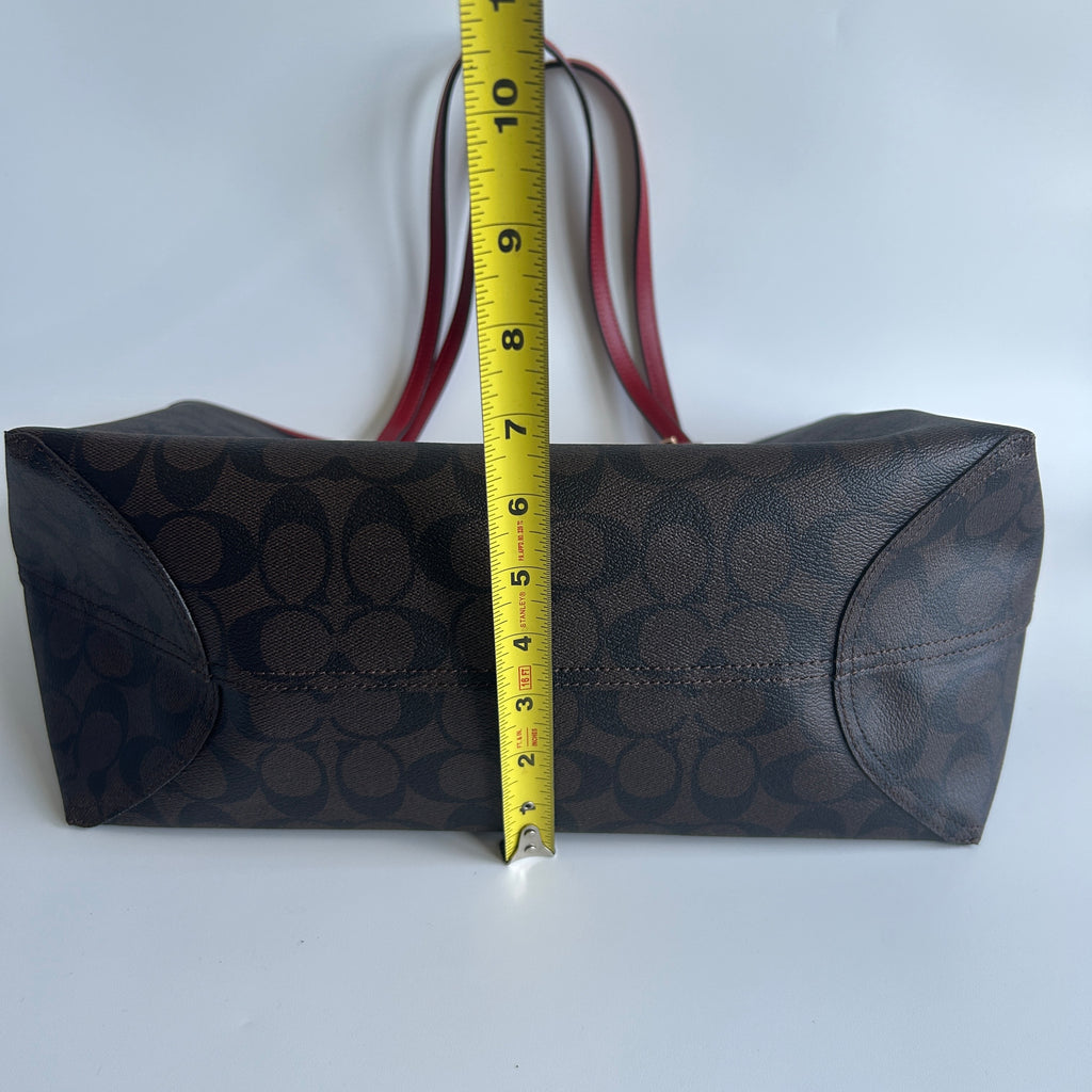 Coach City Tote Brown Red Signature Coated Canvas Shoulder Bag Good