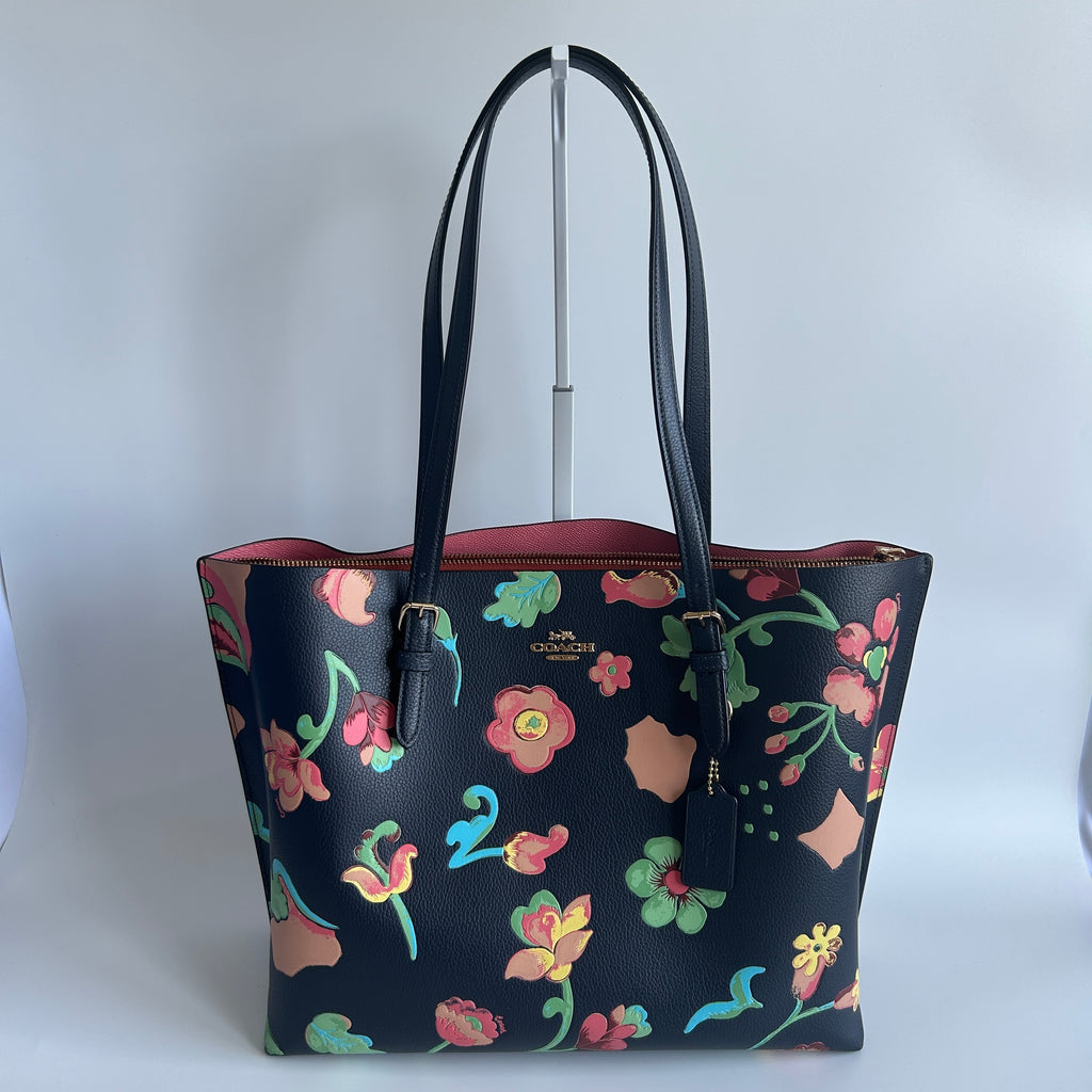 Coach Mollie Tote Dreamy Land Floral Navy Pebbled Leather Bag C8215 GOOD