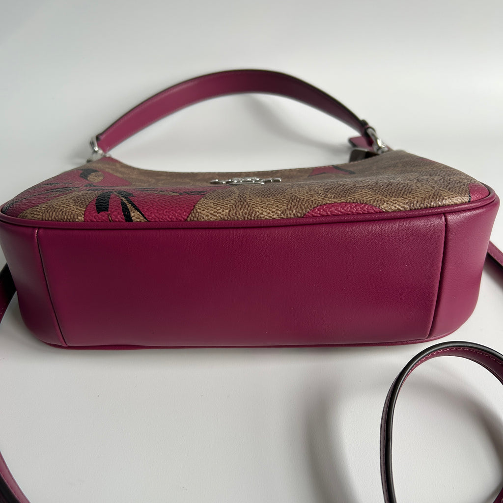 Coach Teri Shoulder Bag Khaki Pink Signature Canvas Bow Print Excellent