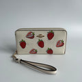 Coach Long Zip Around Strawberry Chalk White Leather Wristlet Excellent