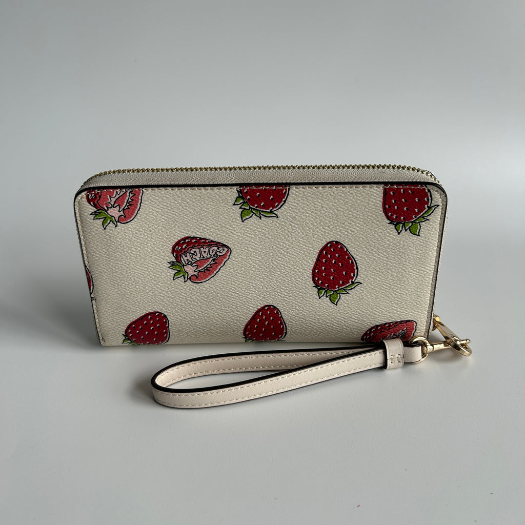 Coach Long Zip Around Strawberry Chalk White Leather Wristlet Excellent