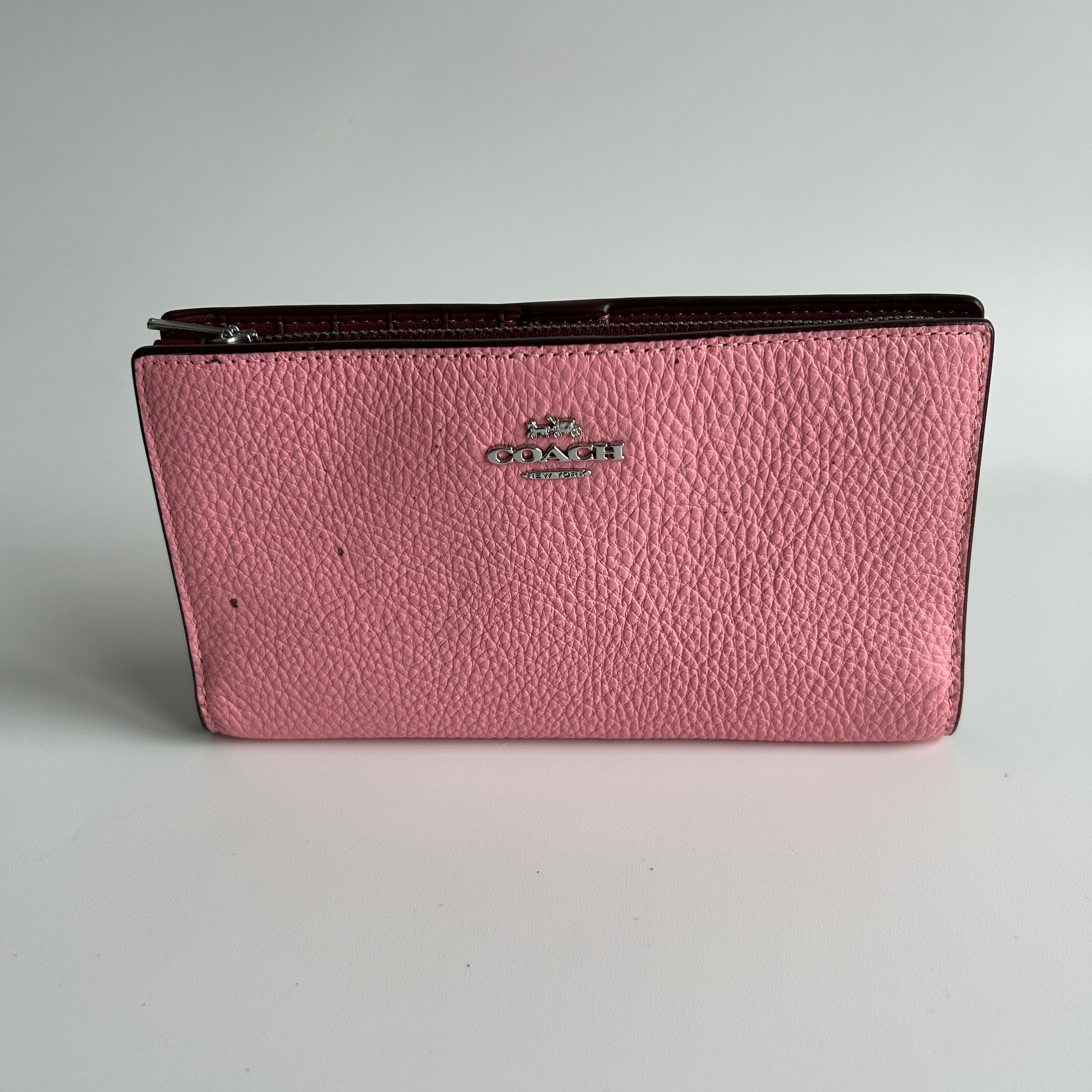 Coach Wyn Pink Pebbled Leather Soft Wallet Good