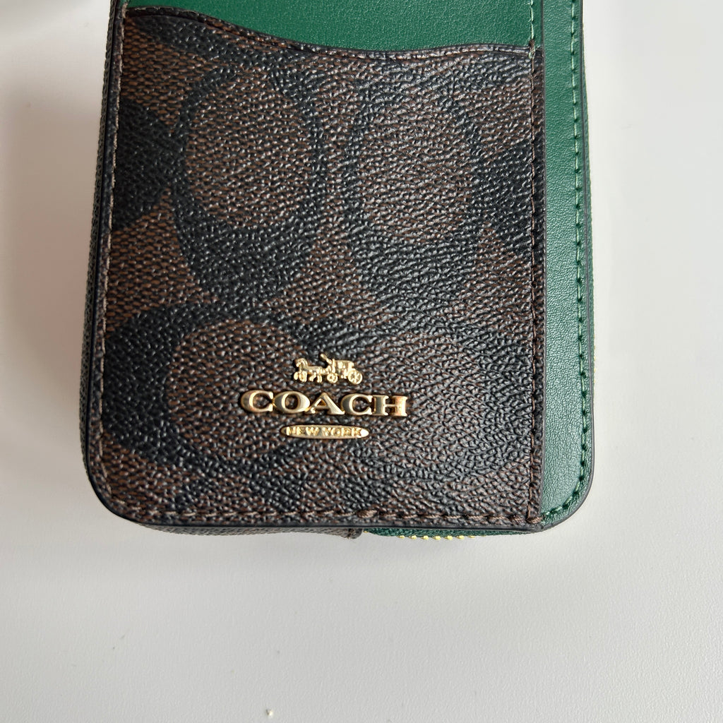 Coach Zip Card Case Brown Dark Pine Signature Canvas Wallet C0058 Excellent