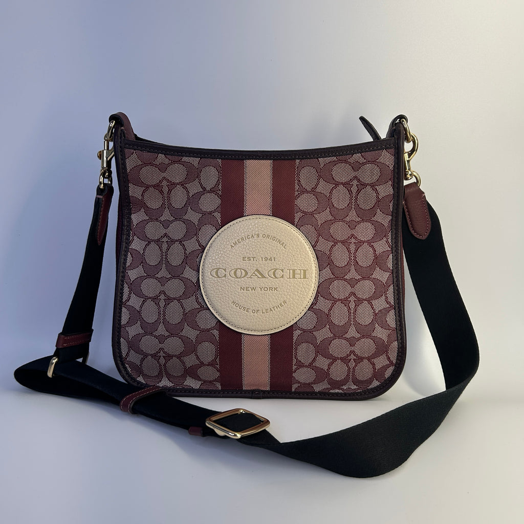 Coach Dempsey File Bag Wine Signature Jacquard Leather Crossbody Excellent